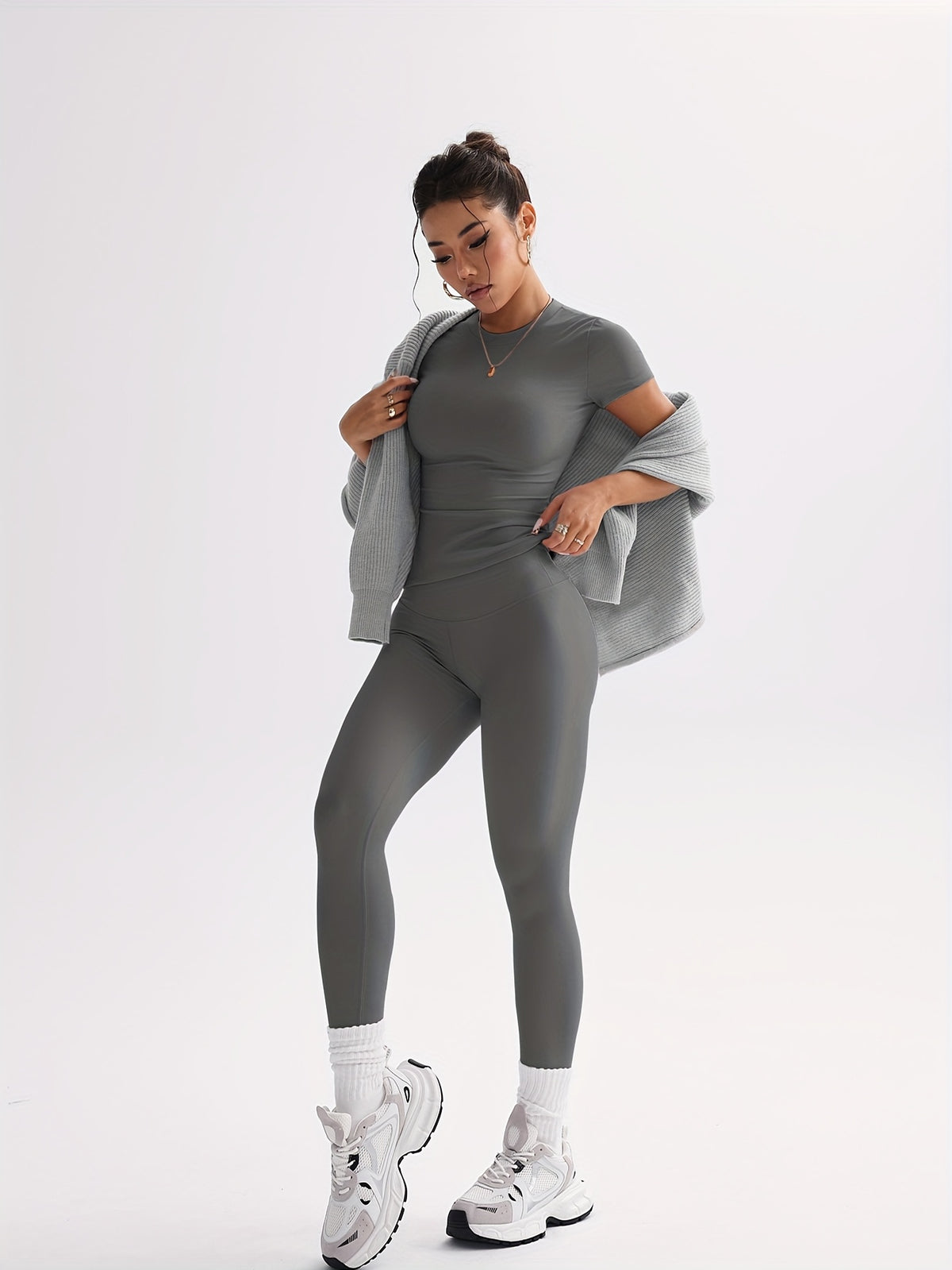 Cropped Tee & Leggings Set - Dark Grey