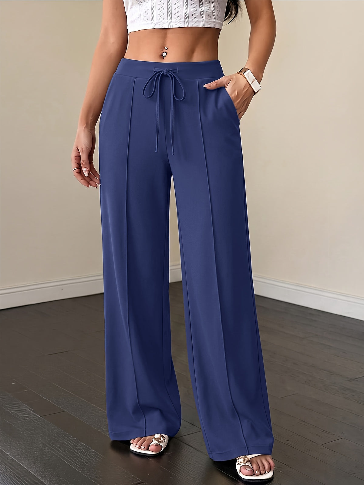 Drawstring Flowy Wide Leg Pants - Navy