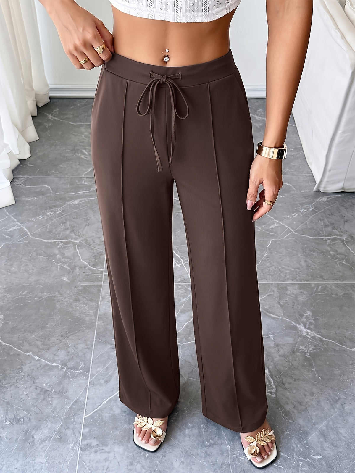 Drawstring Flowy Wide Leg Pants - Coffee