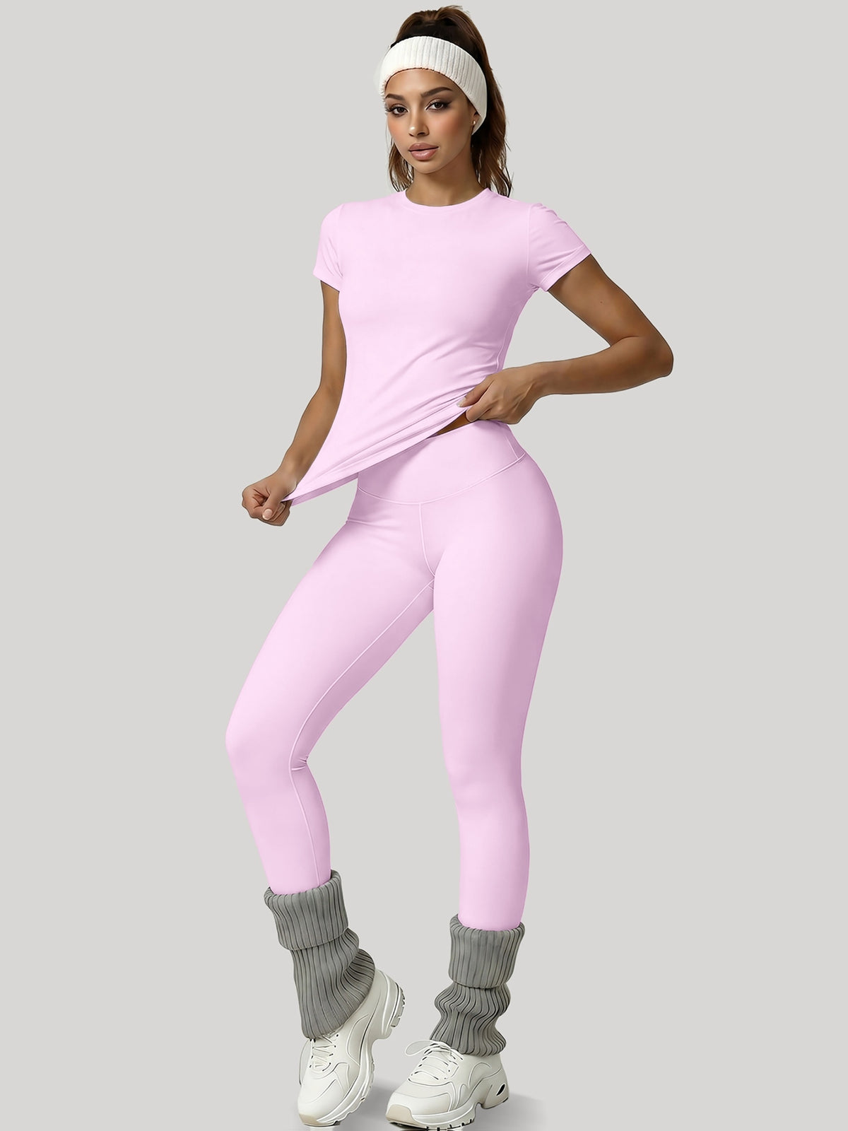 Round Neck Top & Tummy Tuck Leggings Set - Pink