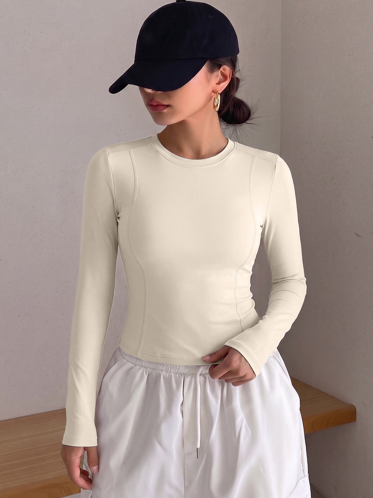 Round Neck Shaping Long Sleeve Top - Ivory White