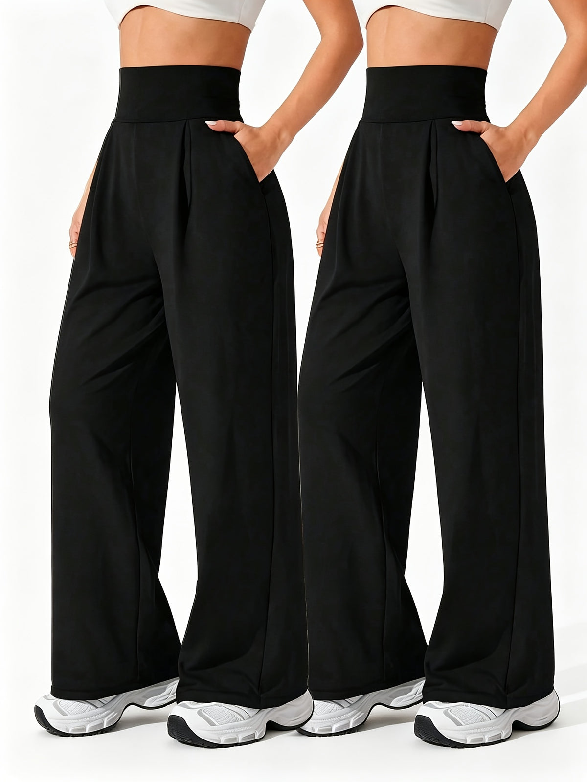 2 Pack Pleated Wide Leg Pocket Pants - Black