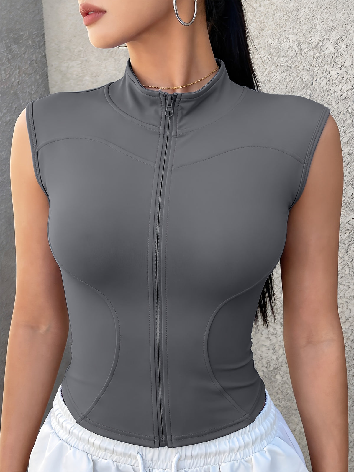 Zip Front Stand Collar Sleeveless Vest - Grey