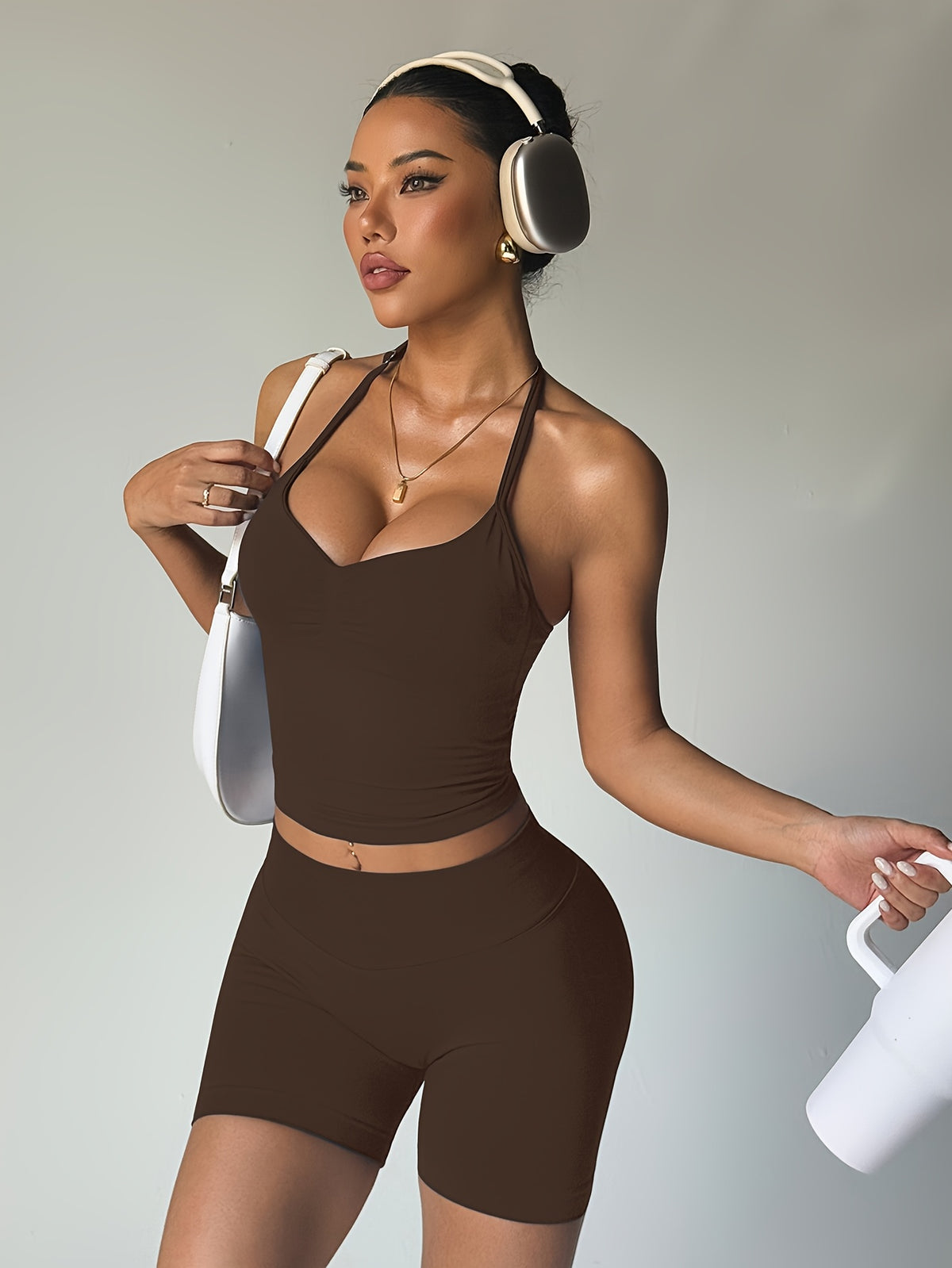 Halter Open Back Vest & Shorts Set - Mocha Brown