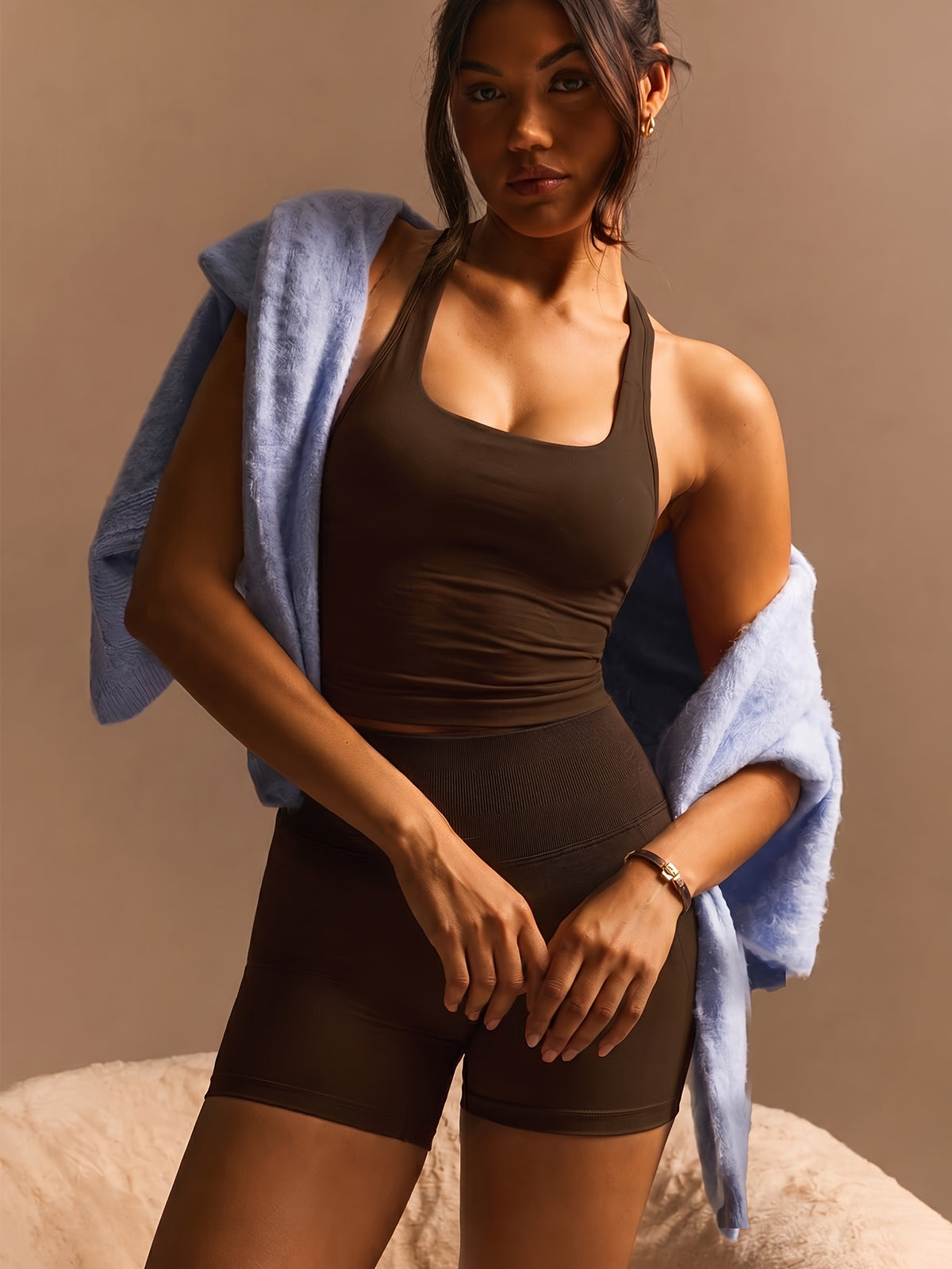 Halter Seamless Tank & Biker Shorts Set - Dark Brown