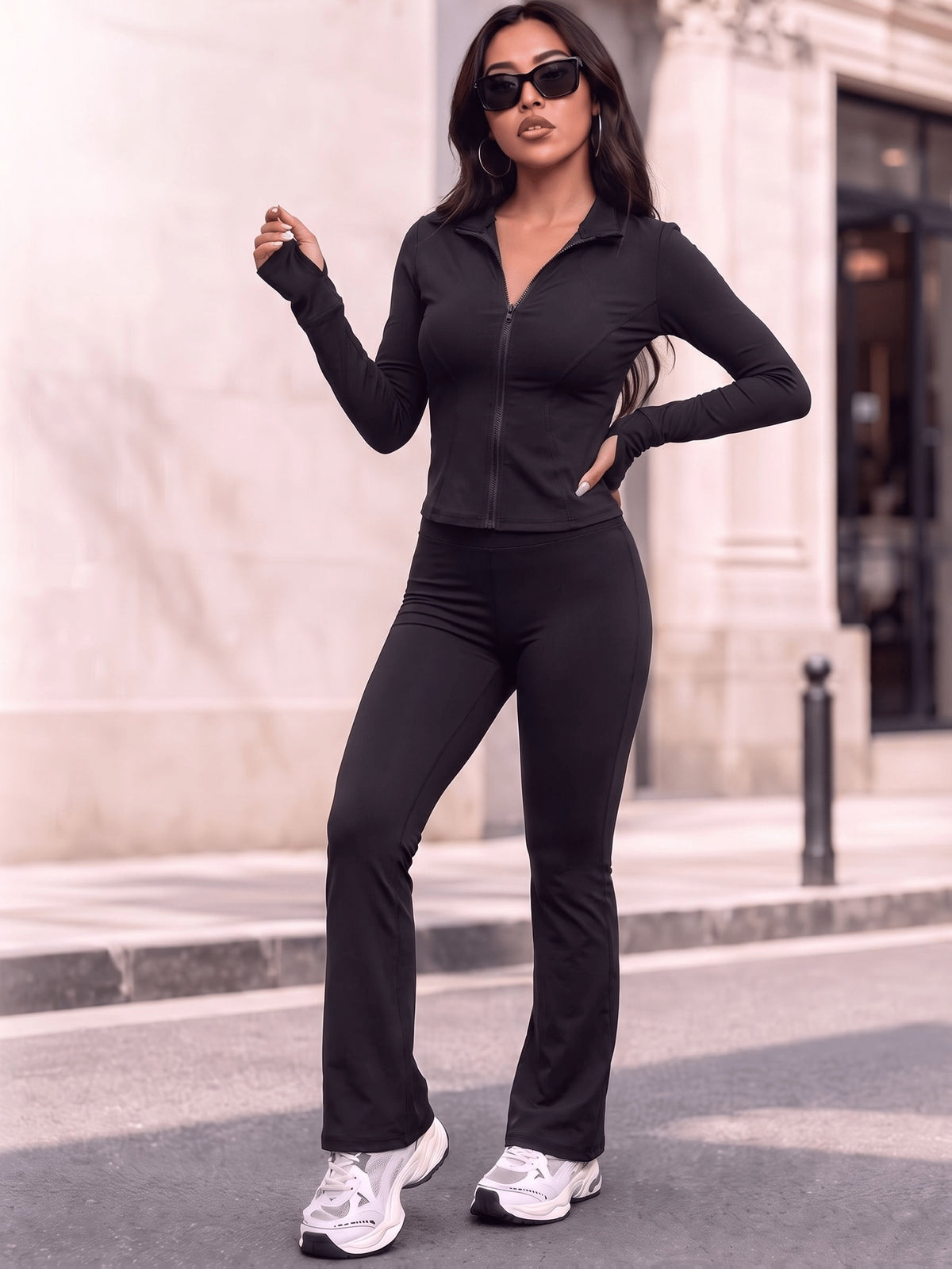 Thumbhole Zip Jacket & Flare Pants Set - Black