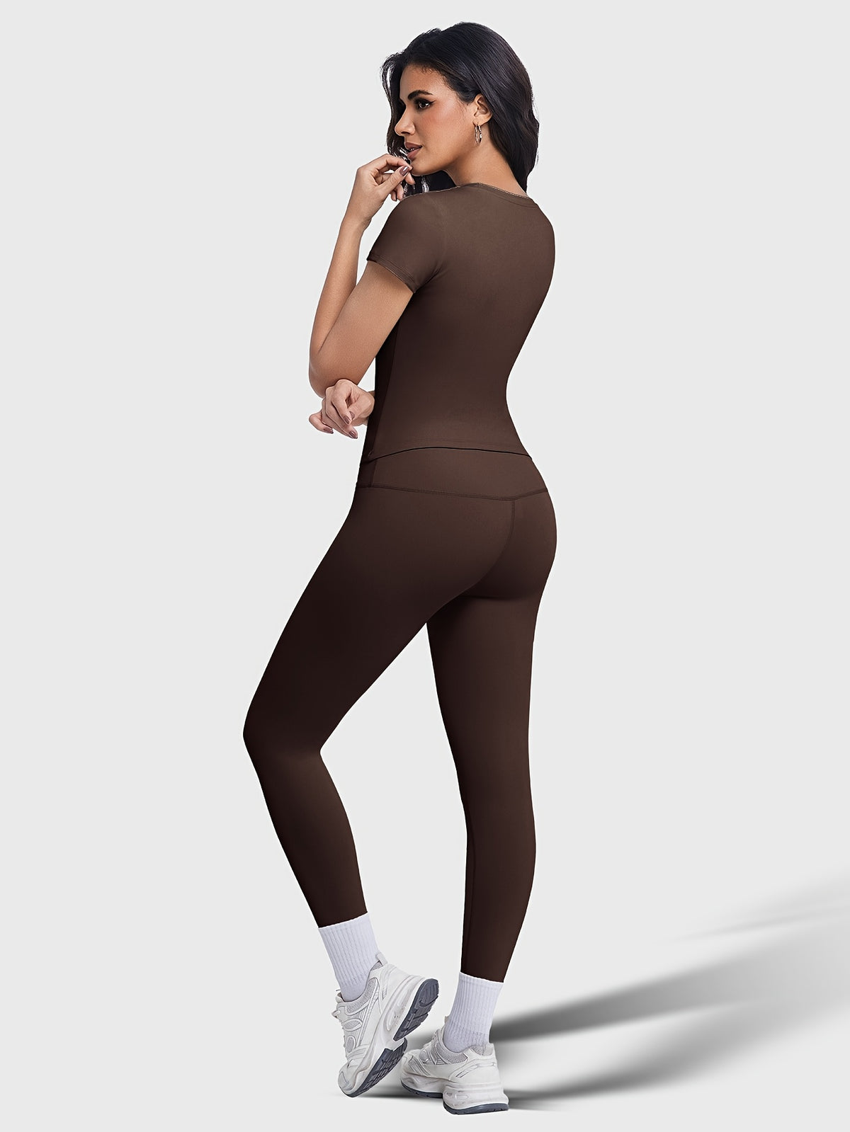 Crew Neck Tee & Leggings Set - Brown