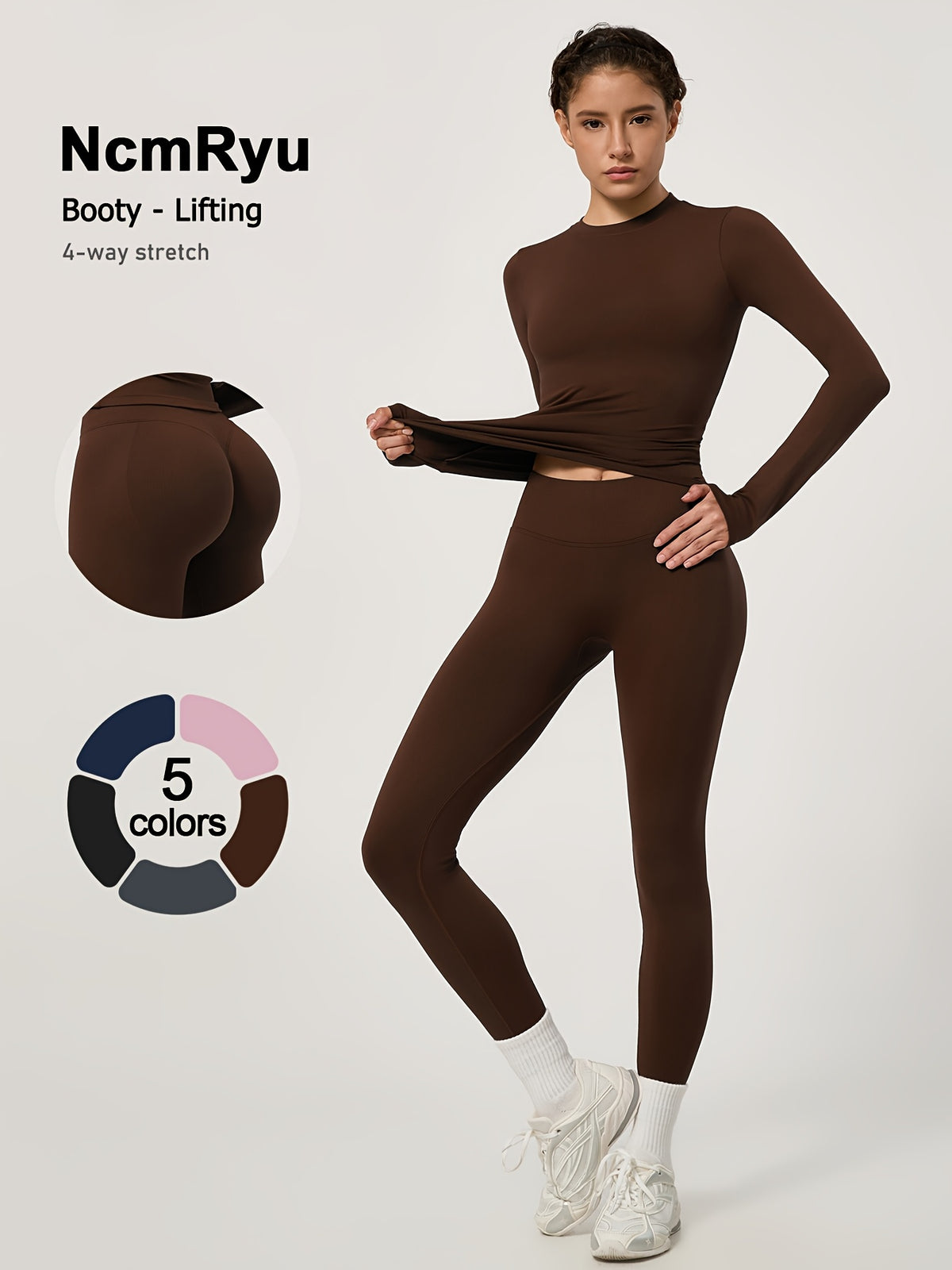 Long Sleeve Top & Seamless Leggings Set - Mocha Brown