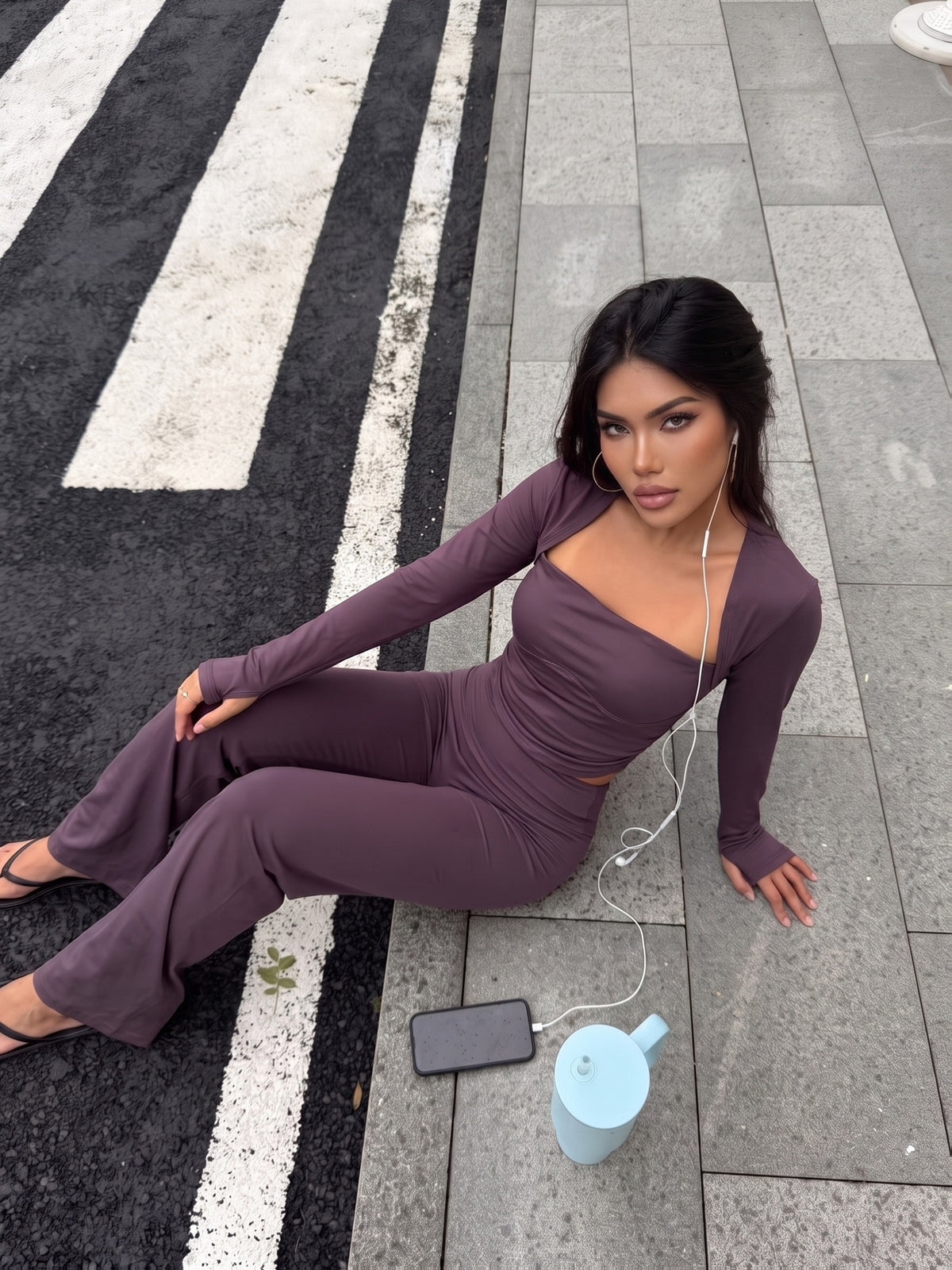 Square Neck Top & Flare Pants Set - Deep Purple