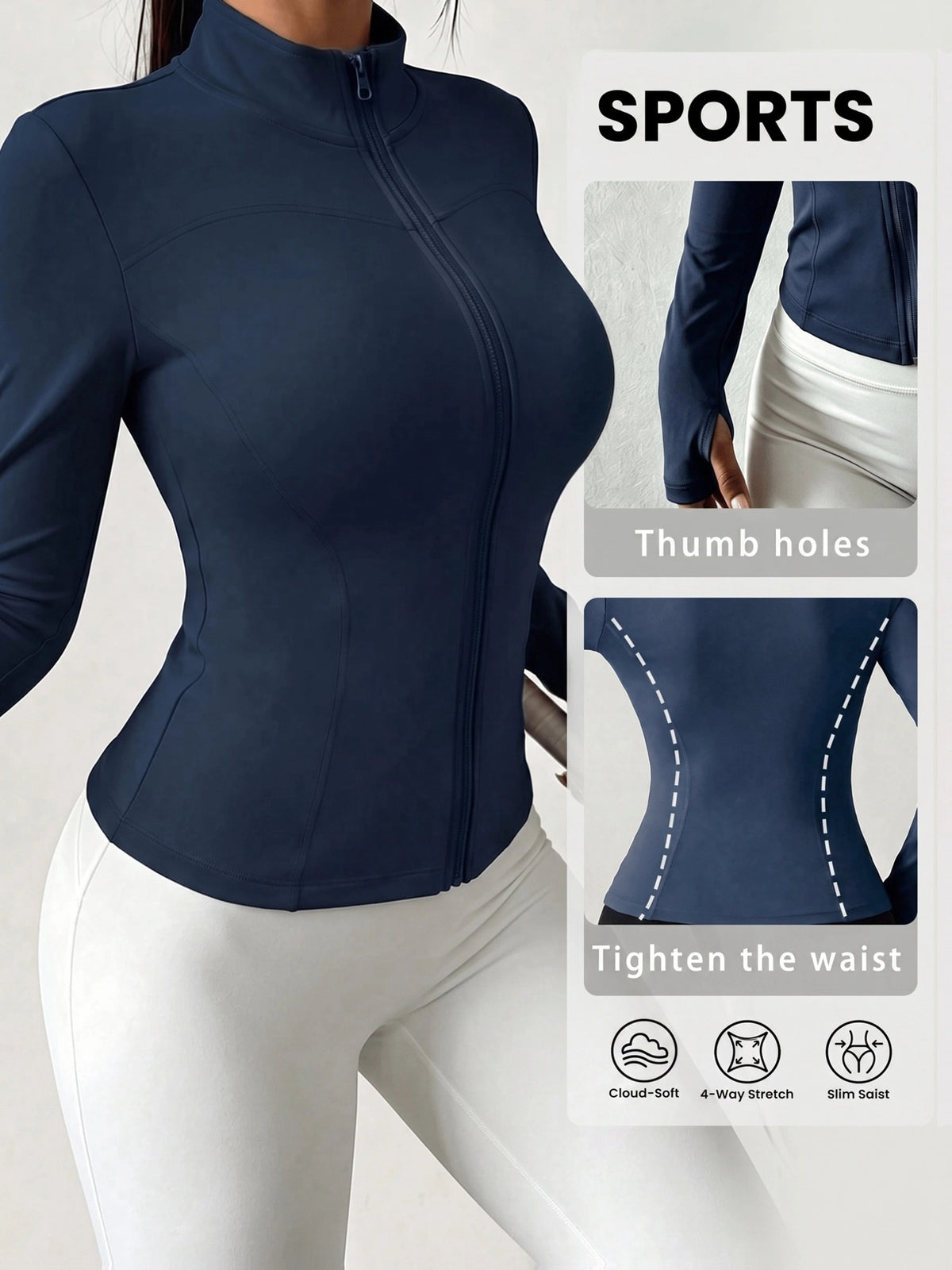 High Neck Thumbhole Zip Jacket - Navy