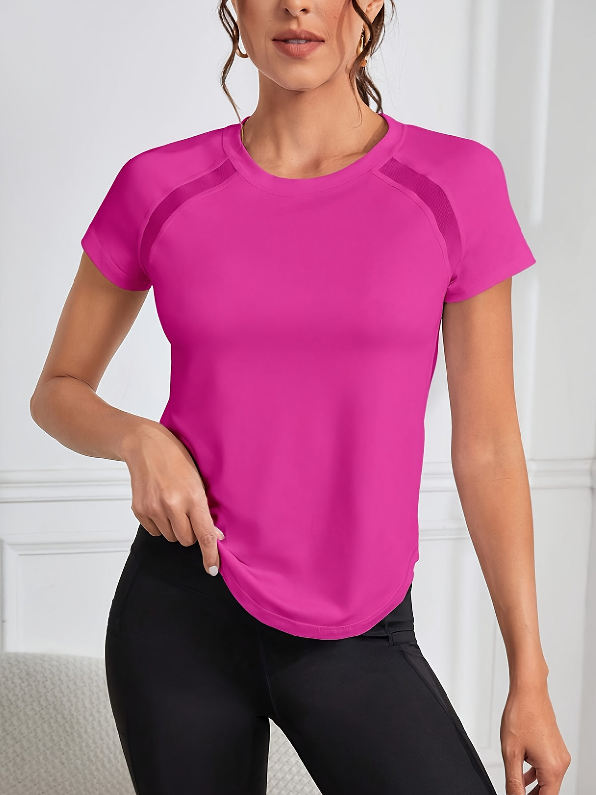 Mesh Spliced Quick-Dry Sports Tee - Rose
