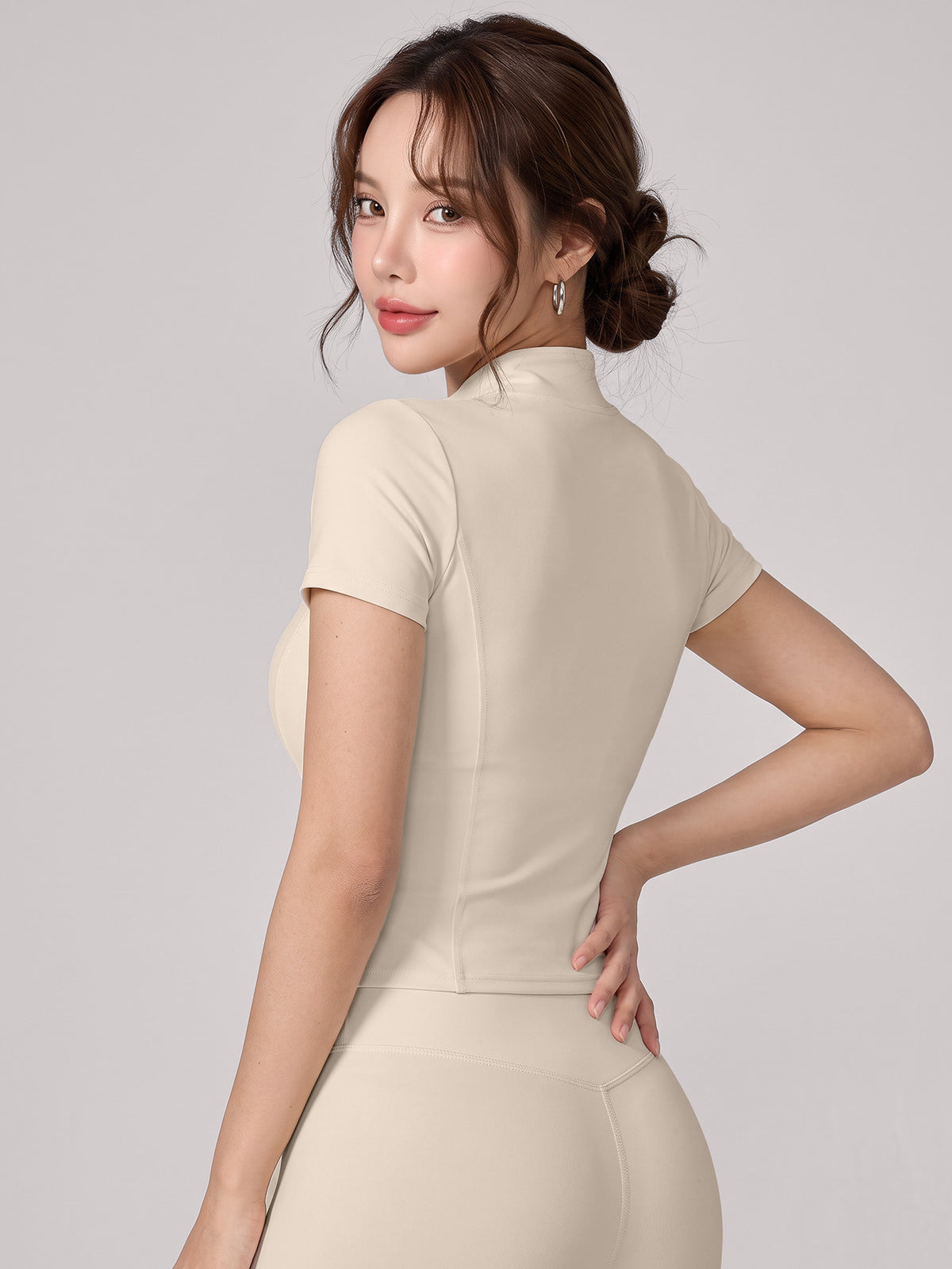 Short Sleeve Zip Top & Leggings Set - Ivory White