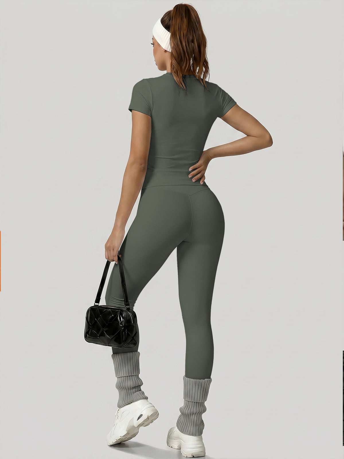 Round Neck Top & Tummy Tuck Leggings Set - Yellow Green