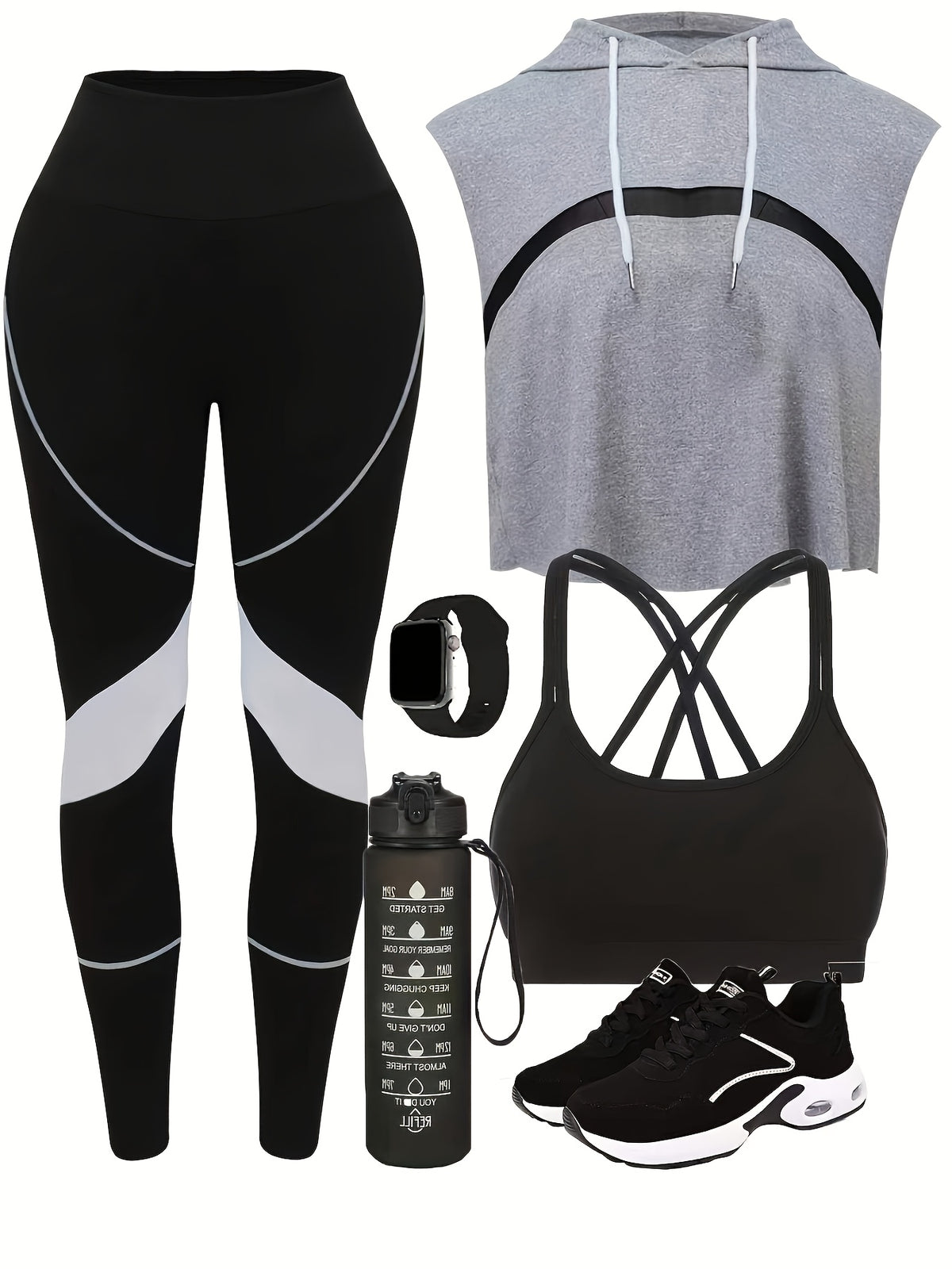 Sleeveless Hoodie & Cross Strap Bra 3 Piece Set - Black