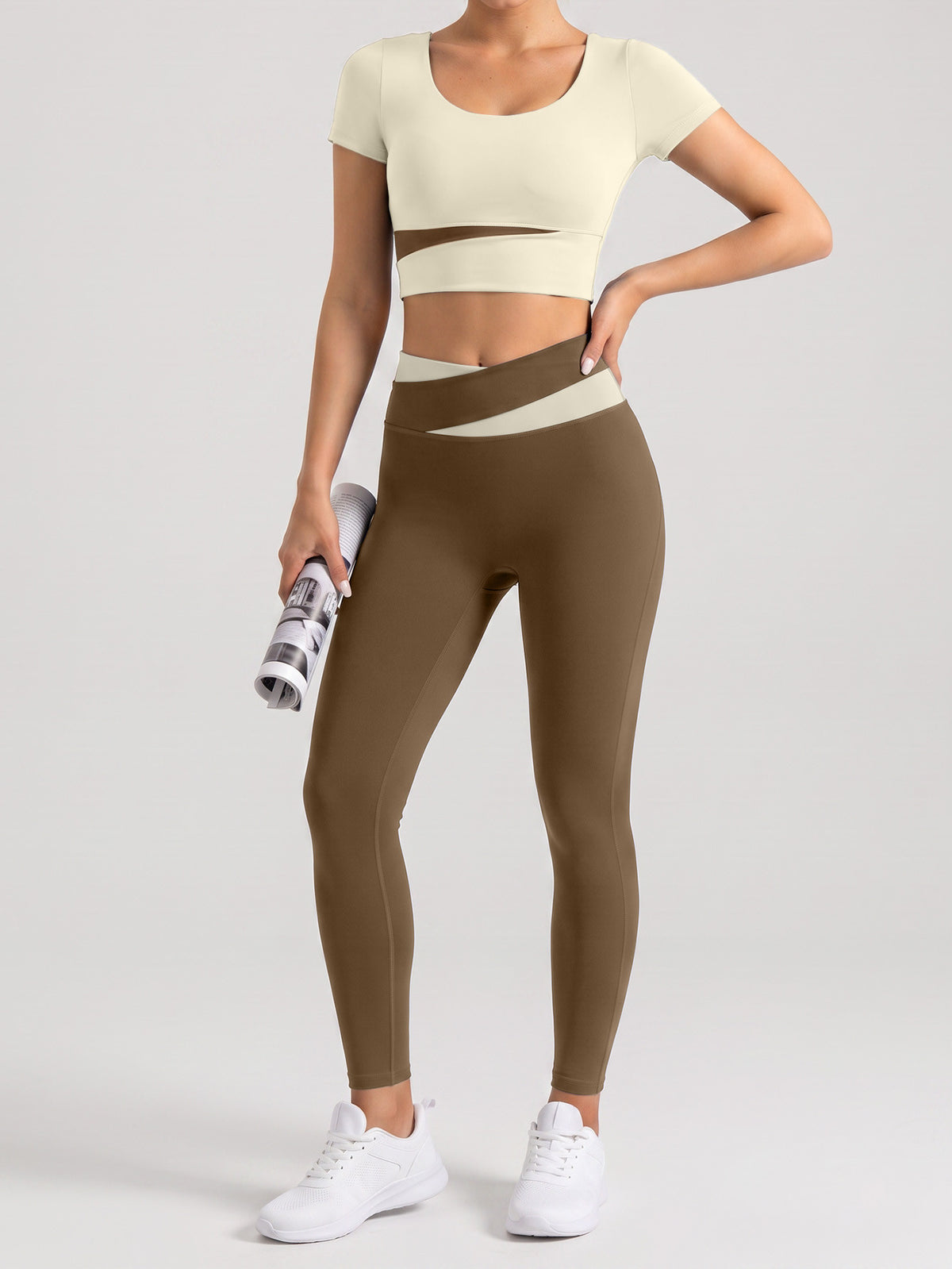 Contrast Tee & High Waist Leggings Set - Ivory White & Cocoa