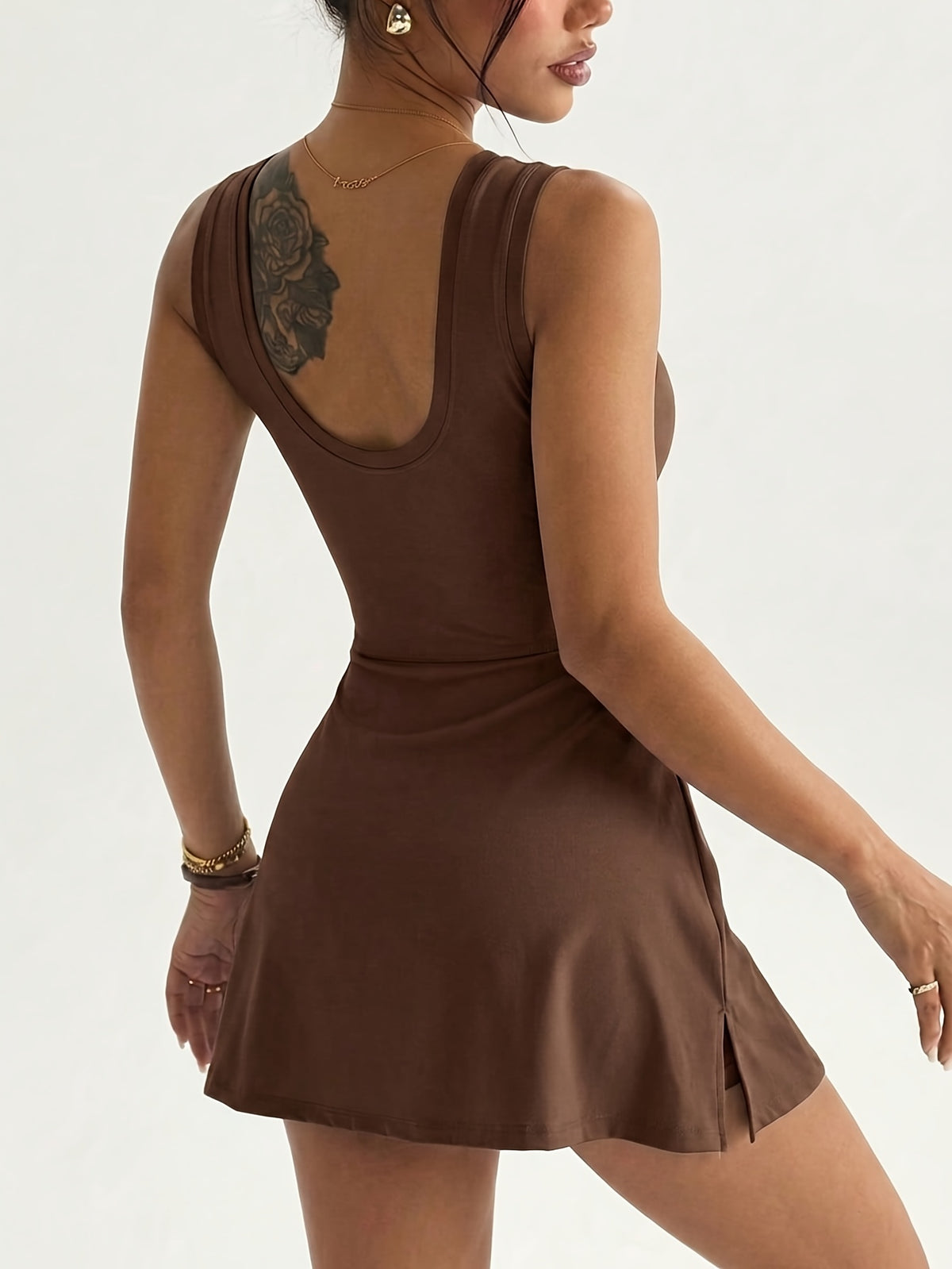 Sleeveless Tie Waist Tennis Dress - Coffee