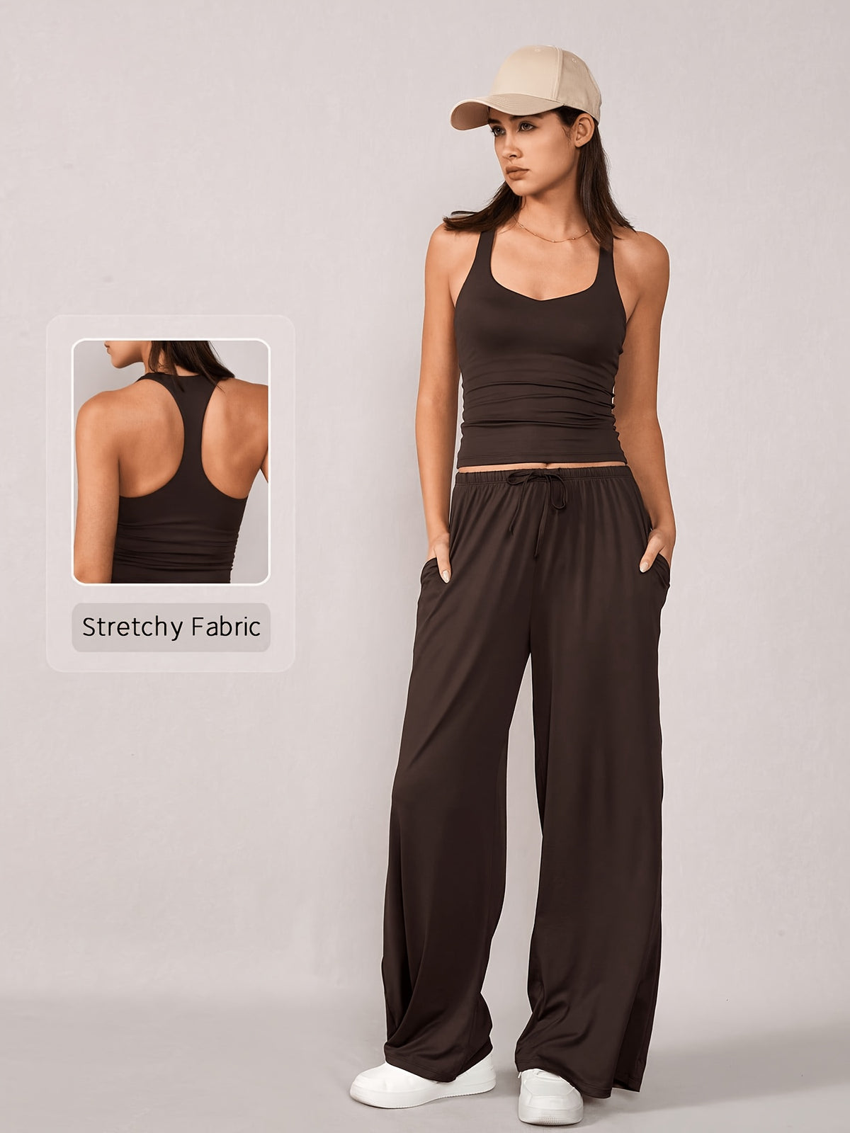 Racerback Tank & Wide Leg Pants Set - Coffee