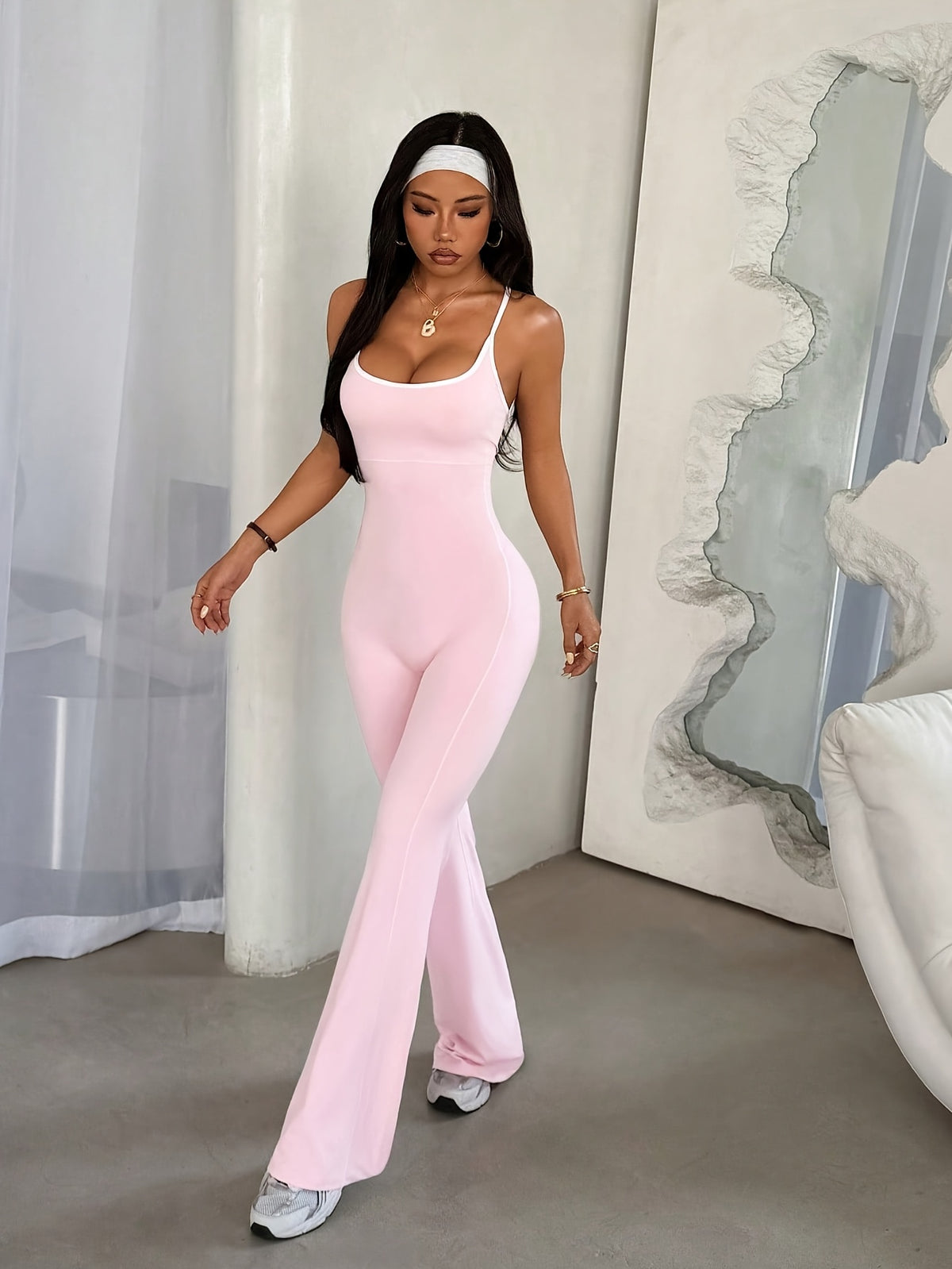 Cross Back Flare Jumpsuit - Pink Red