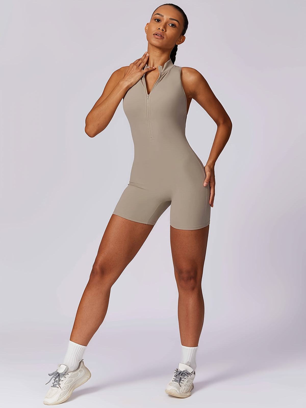 Zip Front Short Yoga Jumpsuit - Khaki