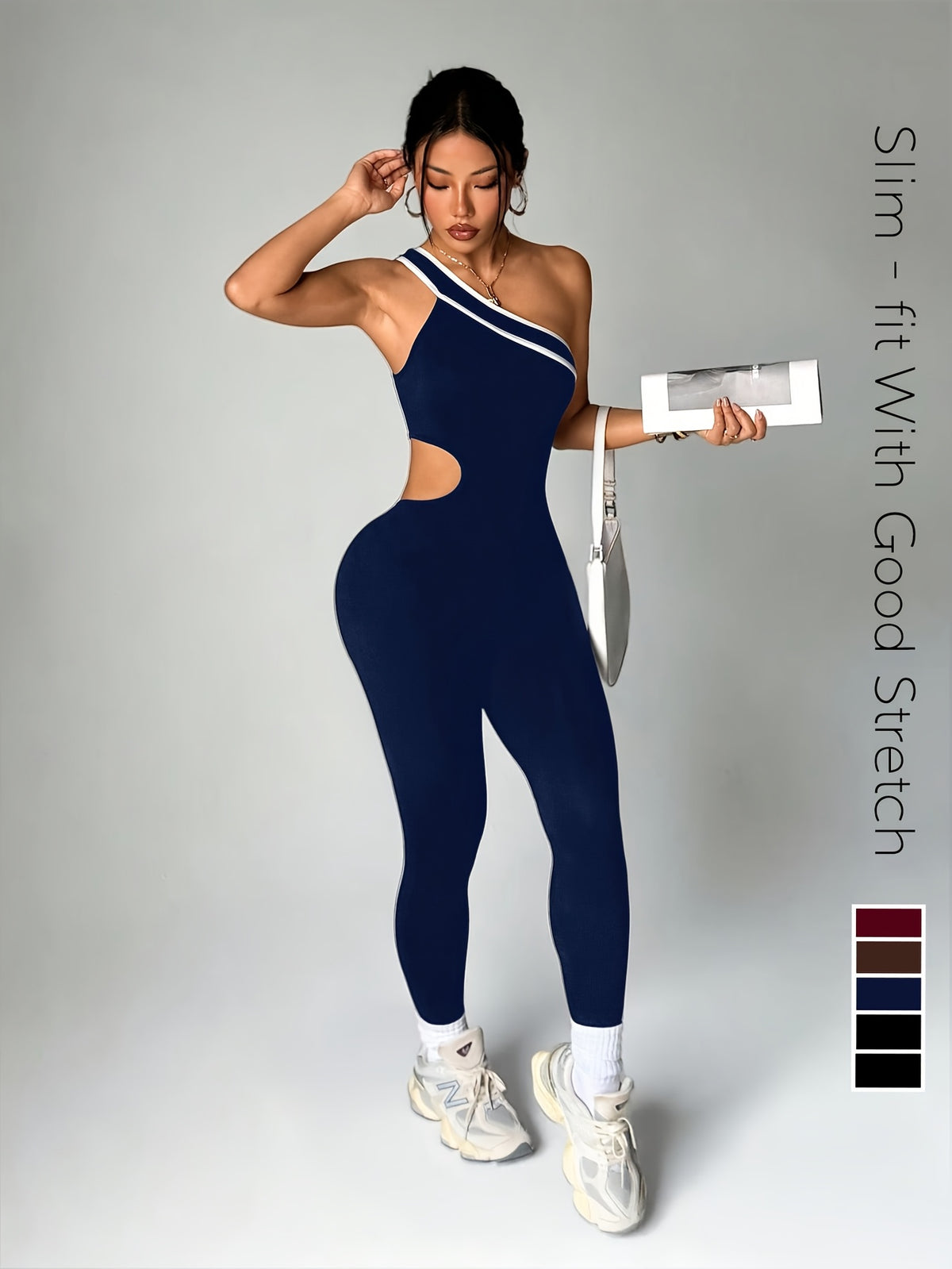 One Shoulder Cutout Jumpsuit - Navy