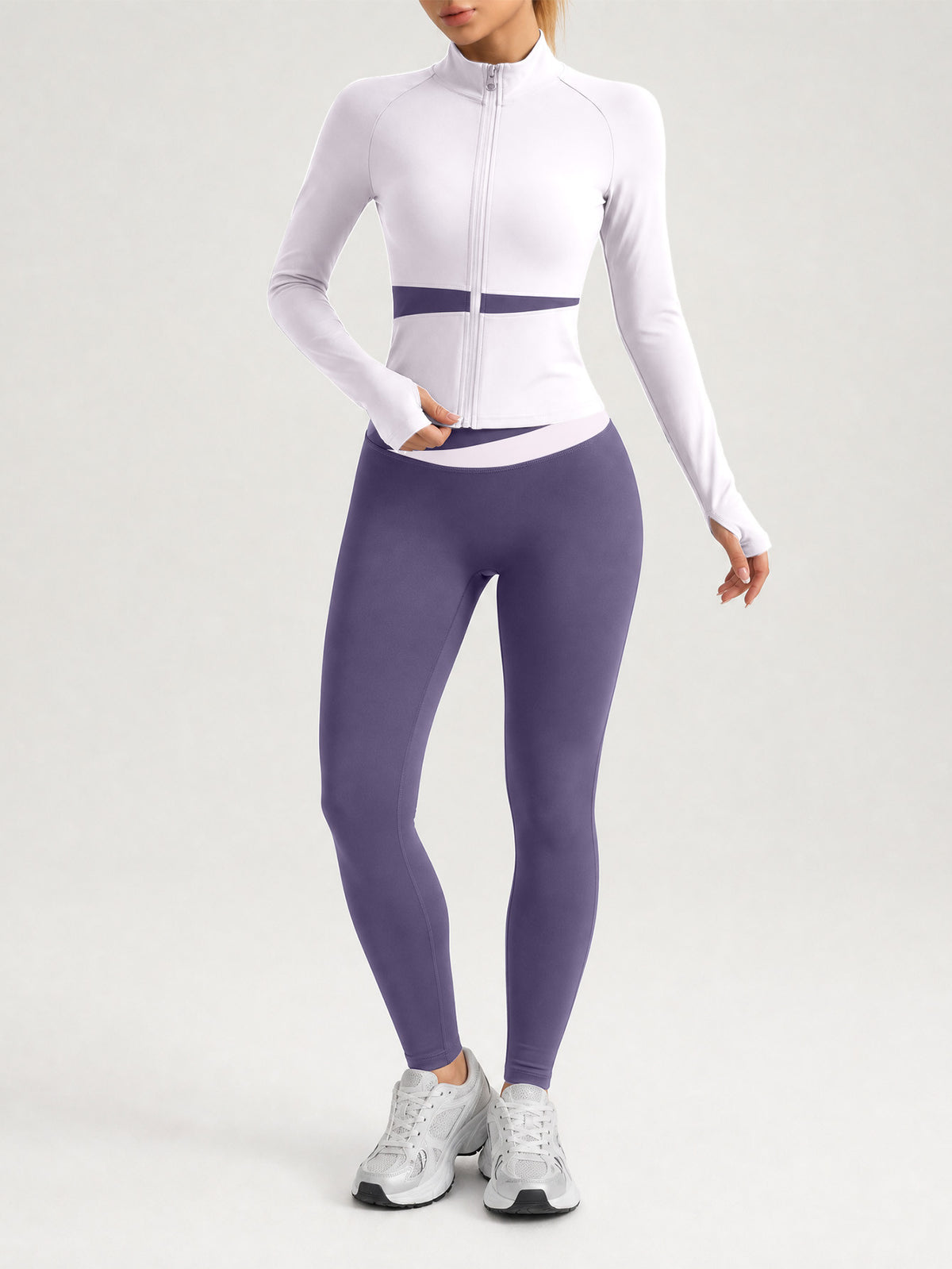 Contrast Zip Jacket & Lifting Leggings Set - Light Purple & Dark Purple