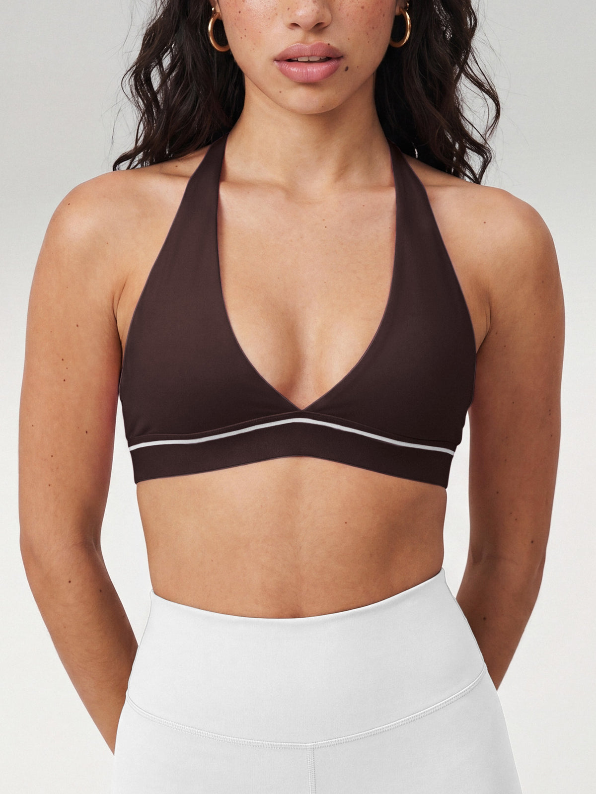 Contrast Trim Cross Back Bra - Coffee