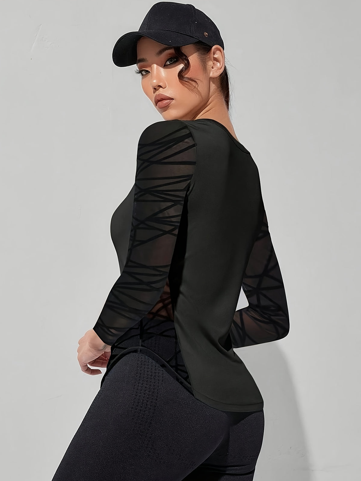 Flocked Mesh Patchwork Long Sleeve Tee - Black