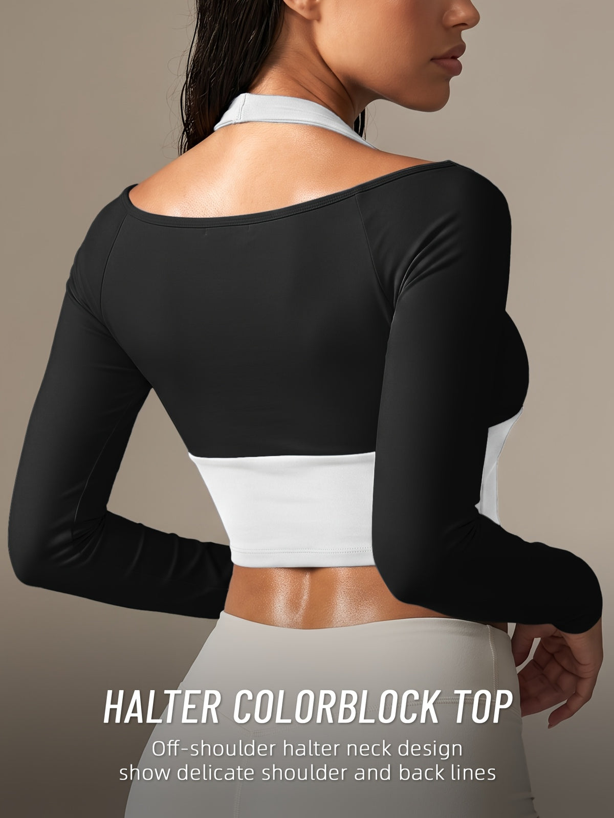 Faux Two-Piece Halter Color Block Top - Black