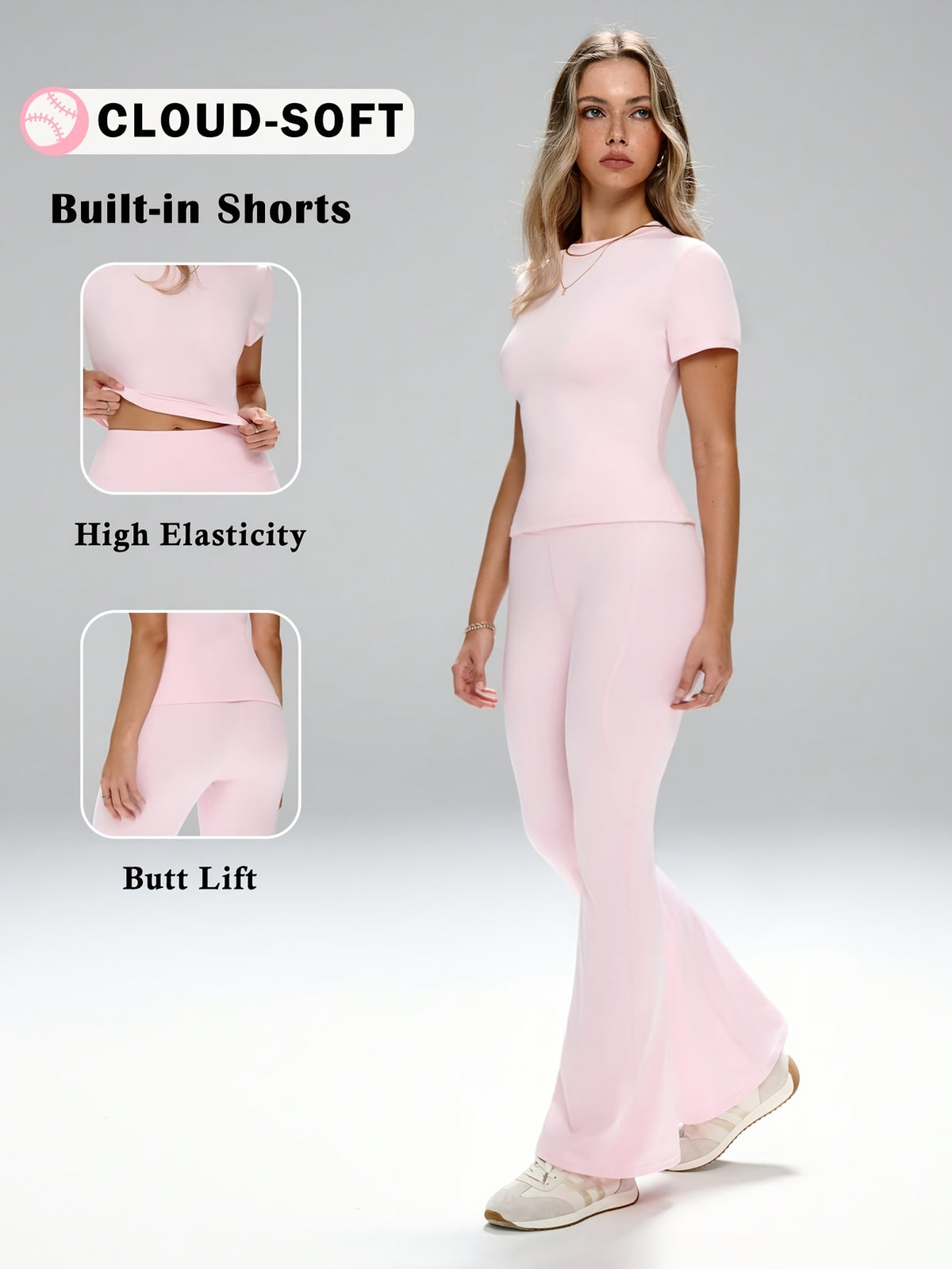 Short Sleeve Top & Flare Pants Set - Pink Red