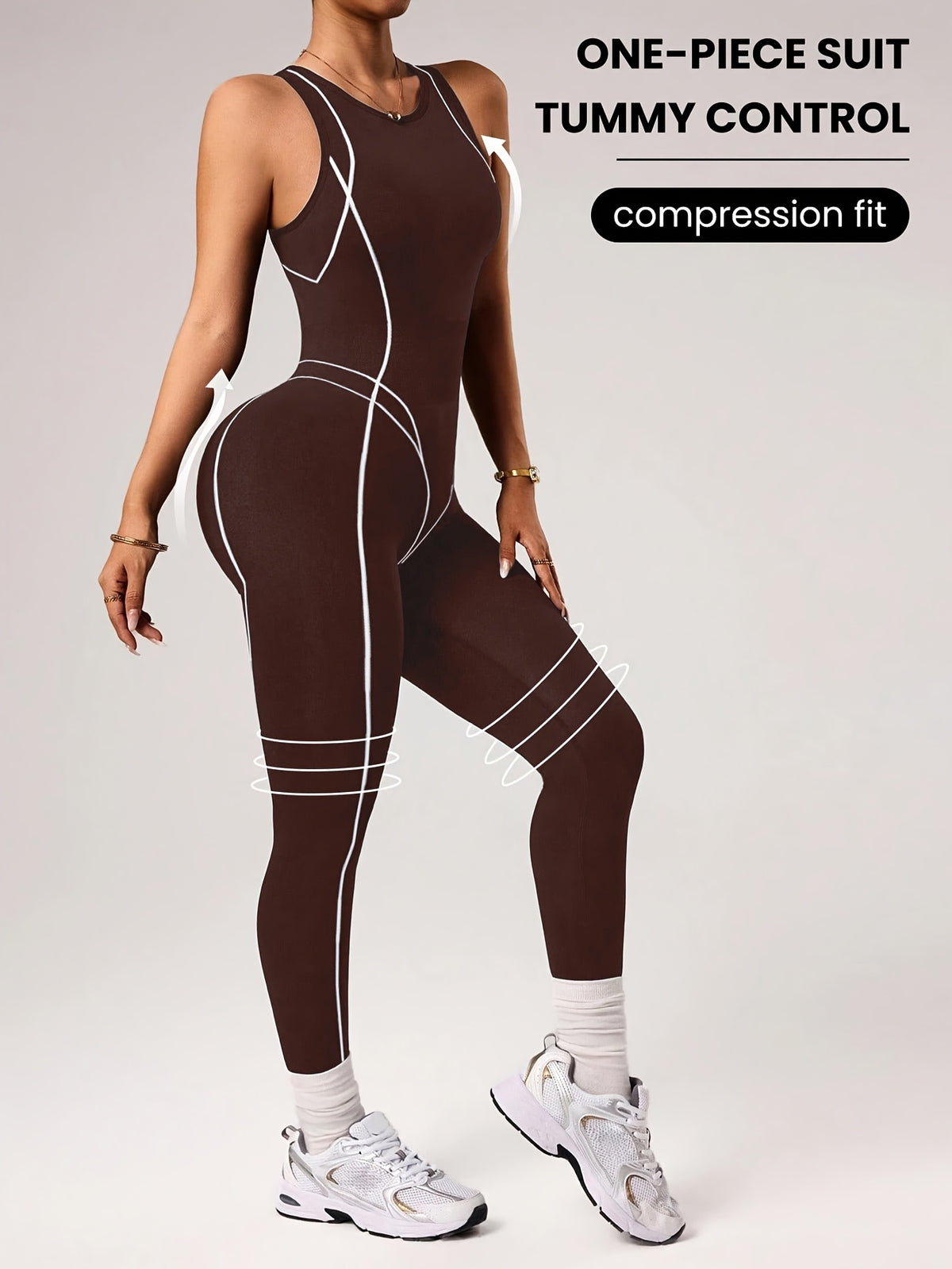 Back Zip Contour Line Jumpsuit - Dark Brown