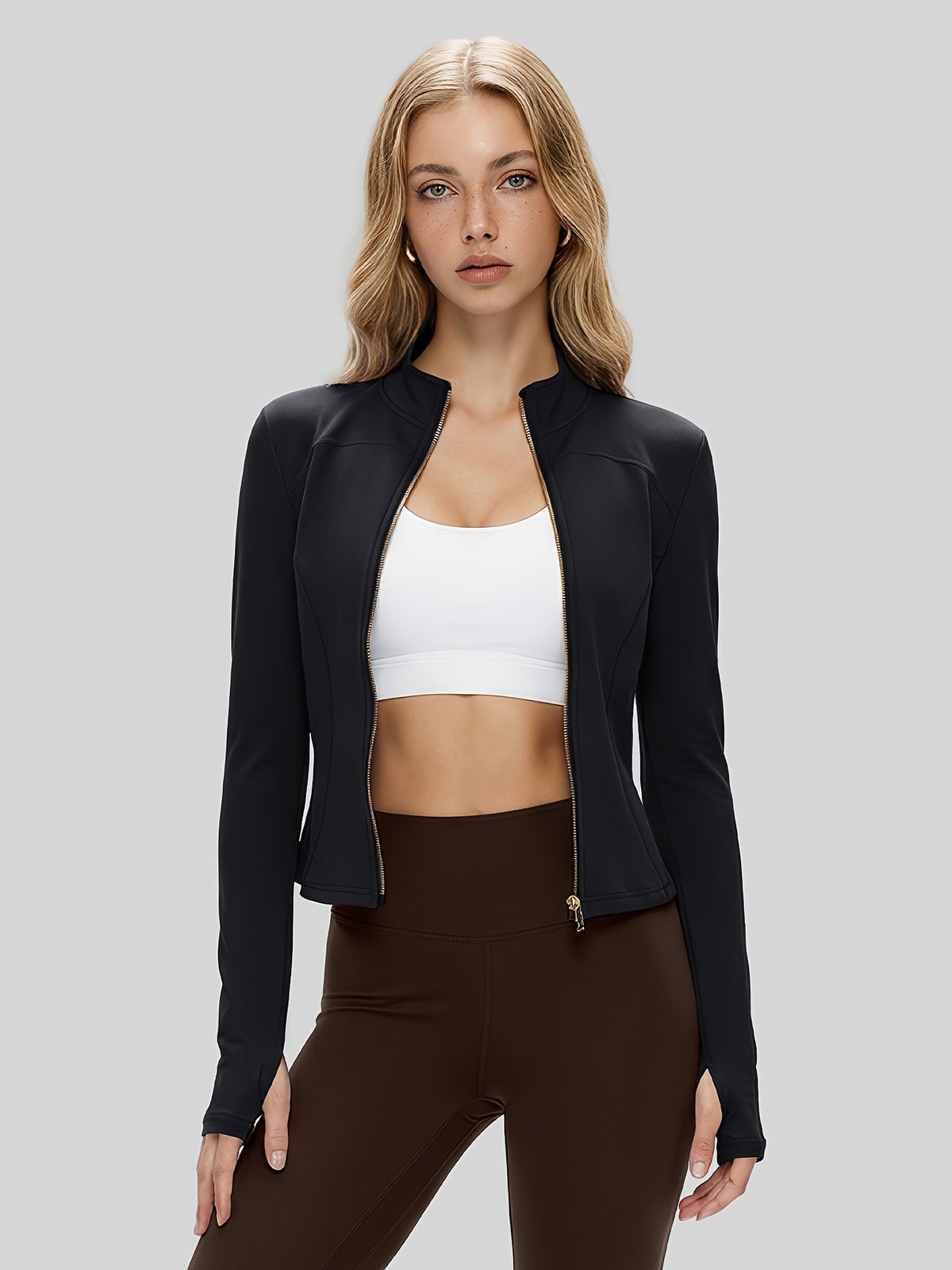 Cropped Thumbhole Zip Jacket - Black