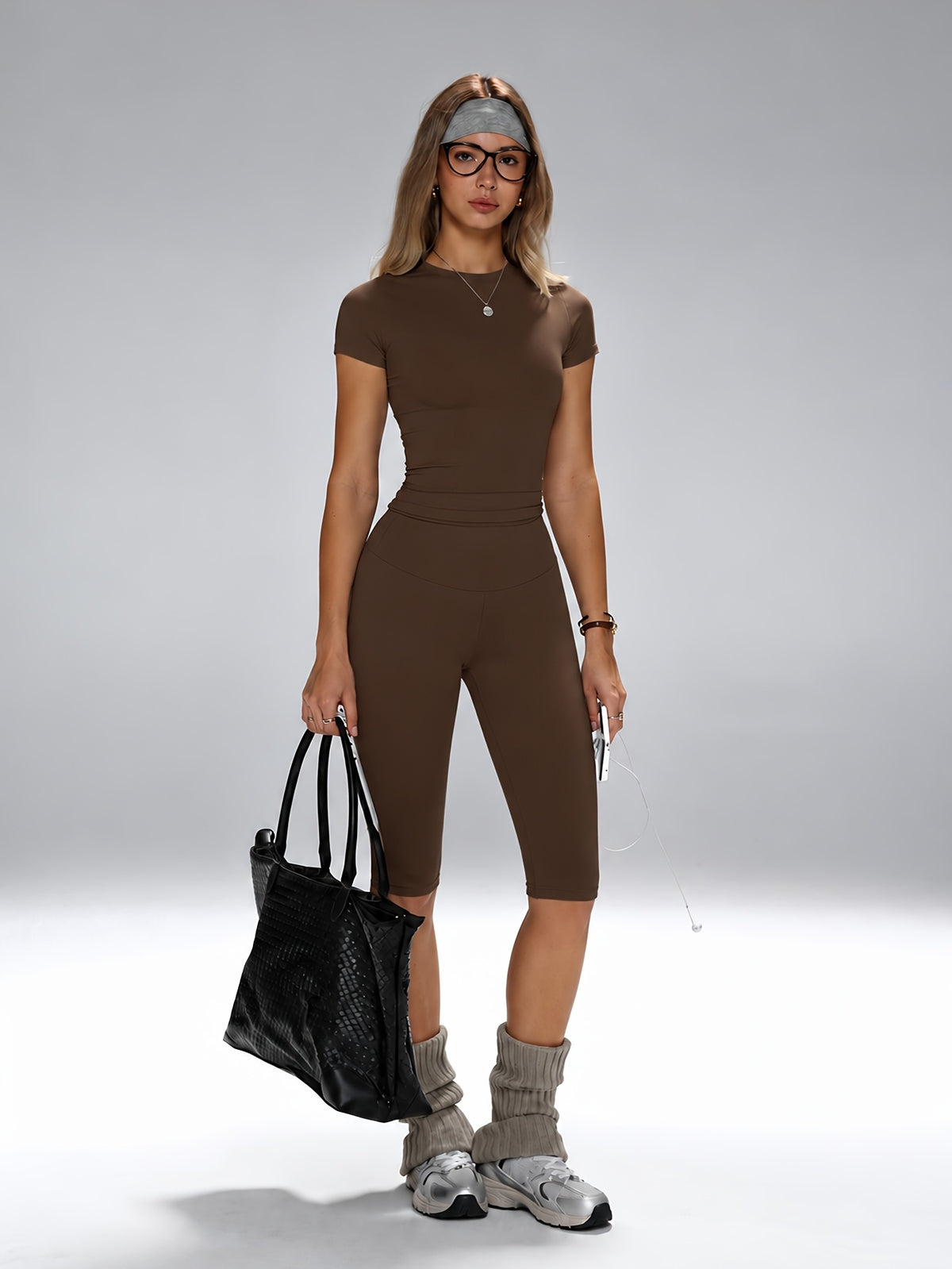 Round Neck Tee & Lifting Cropped Pants Set - Cocoa Brown