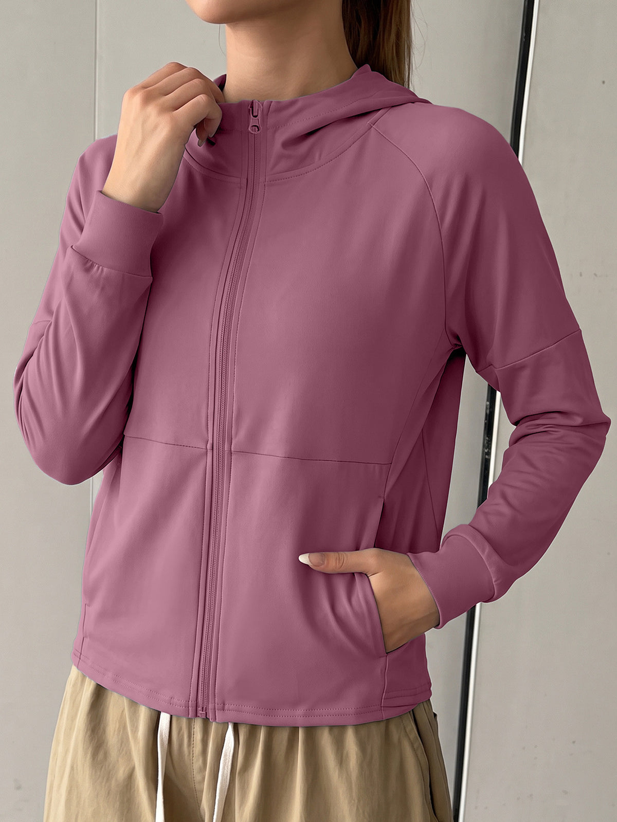 Longline Hooded Thumb Loop Jacket - Fuchsia