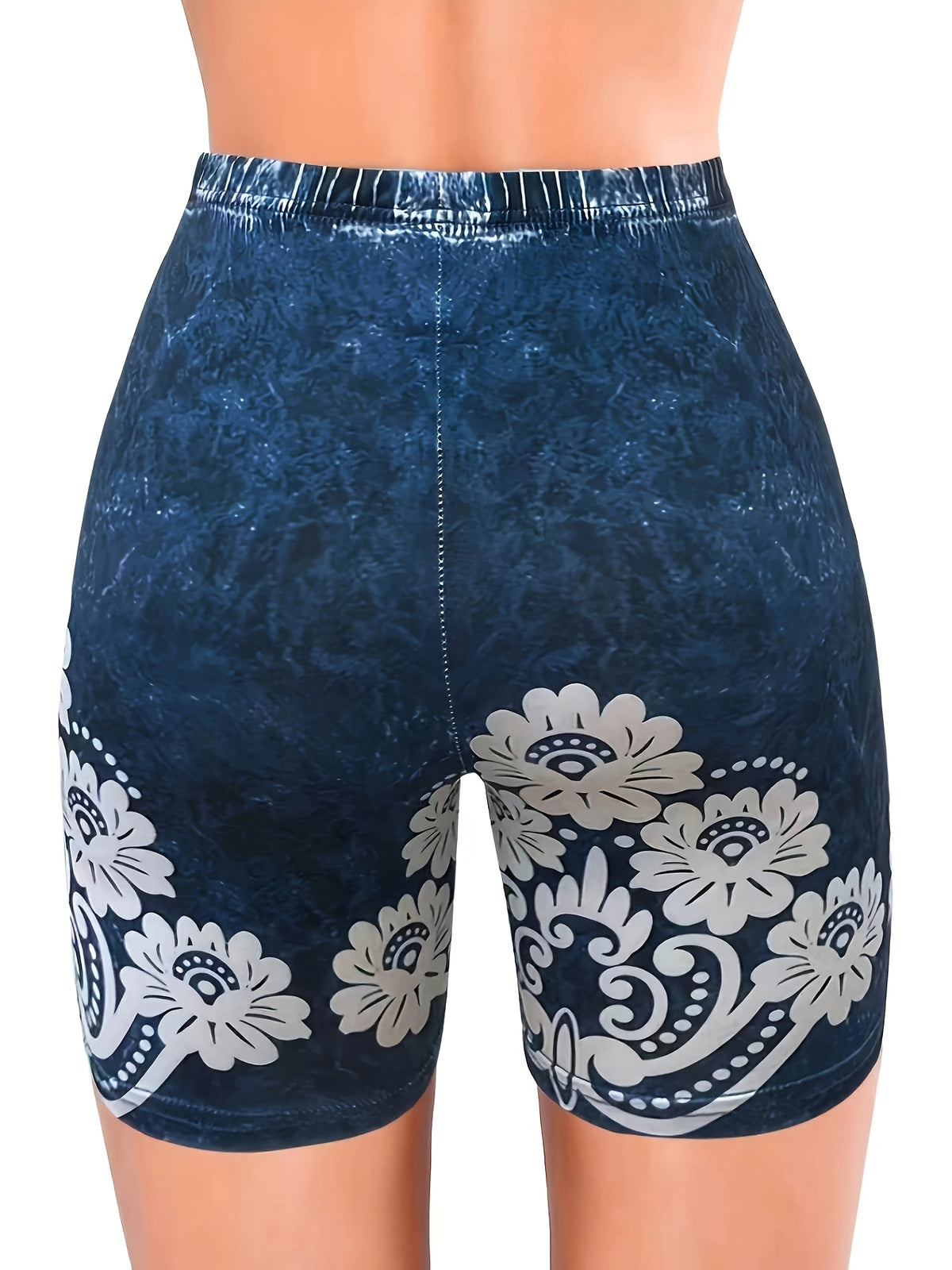 Faux Denim Floral Print Yoga Shorts - Navy