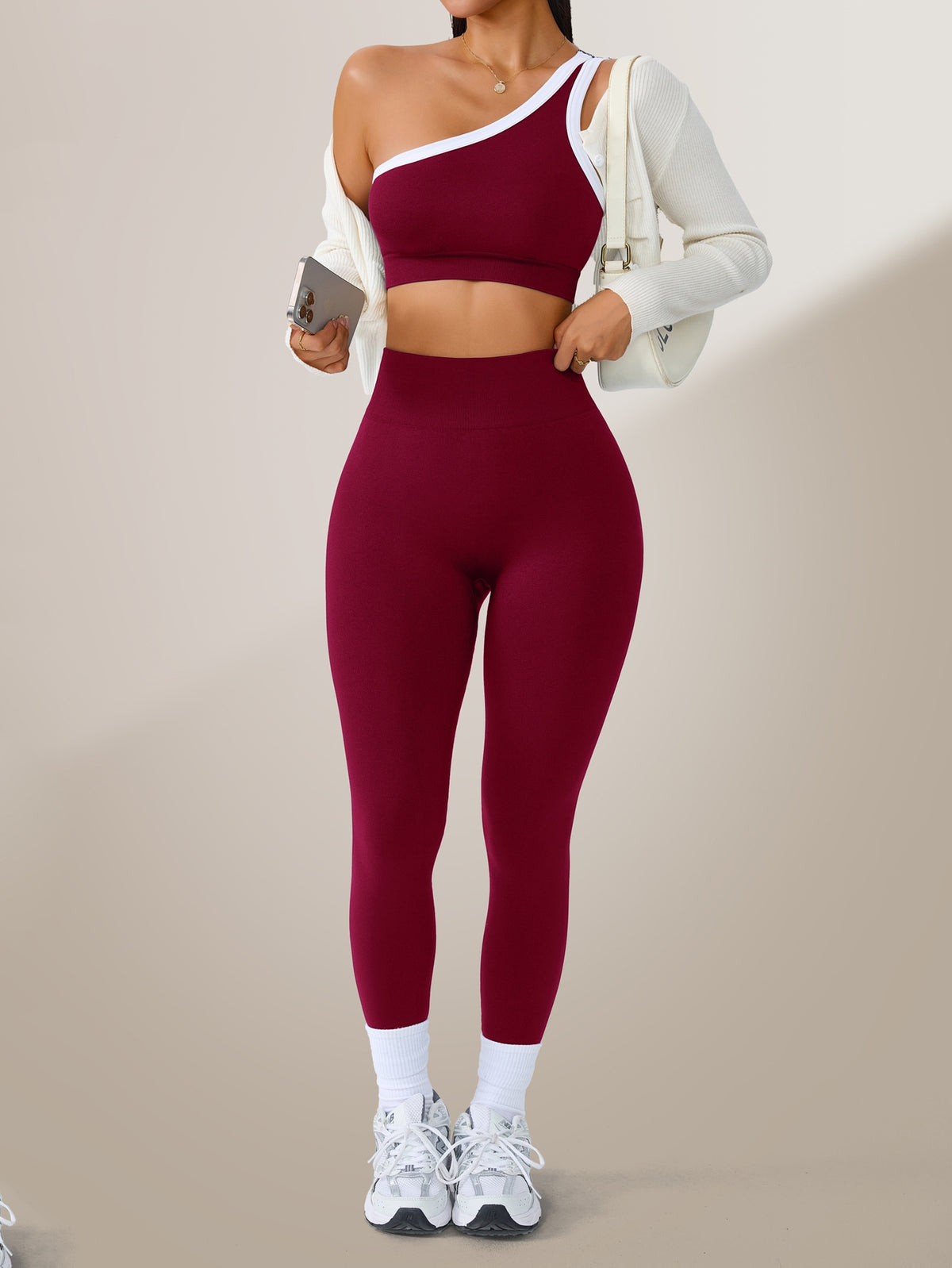 One Shoulder Bra & Leggings Set - Burgundy
