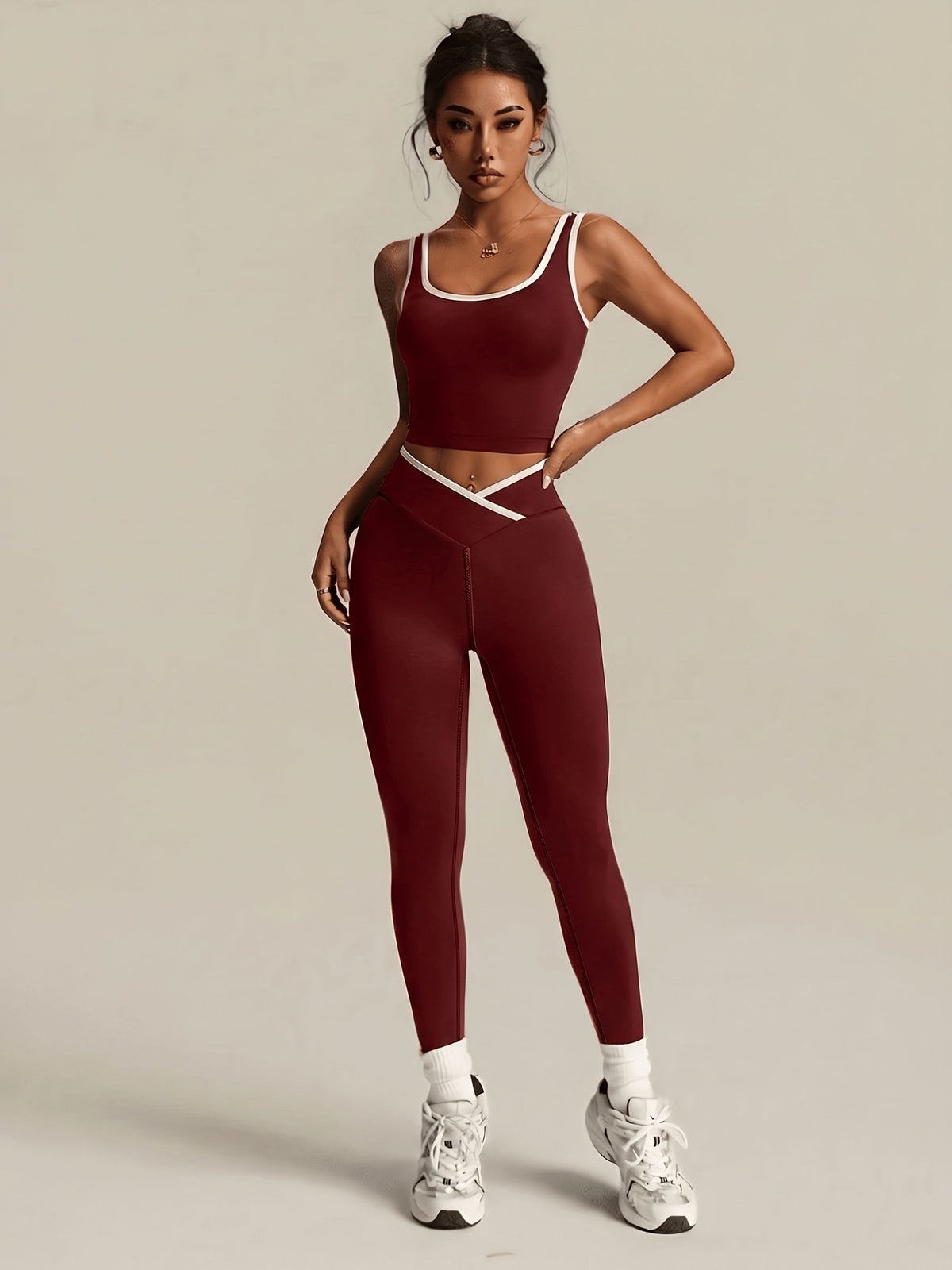 Crossover Waist Top & Leggings Set - Burgundy