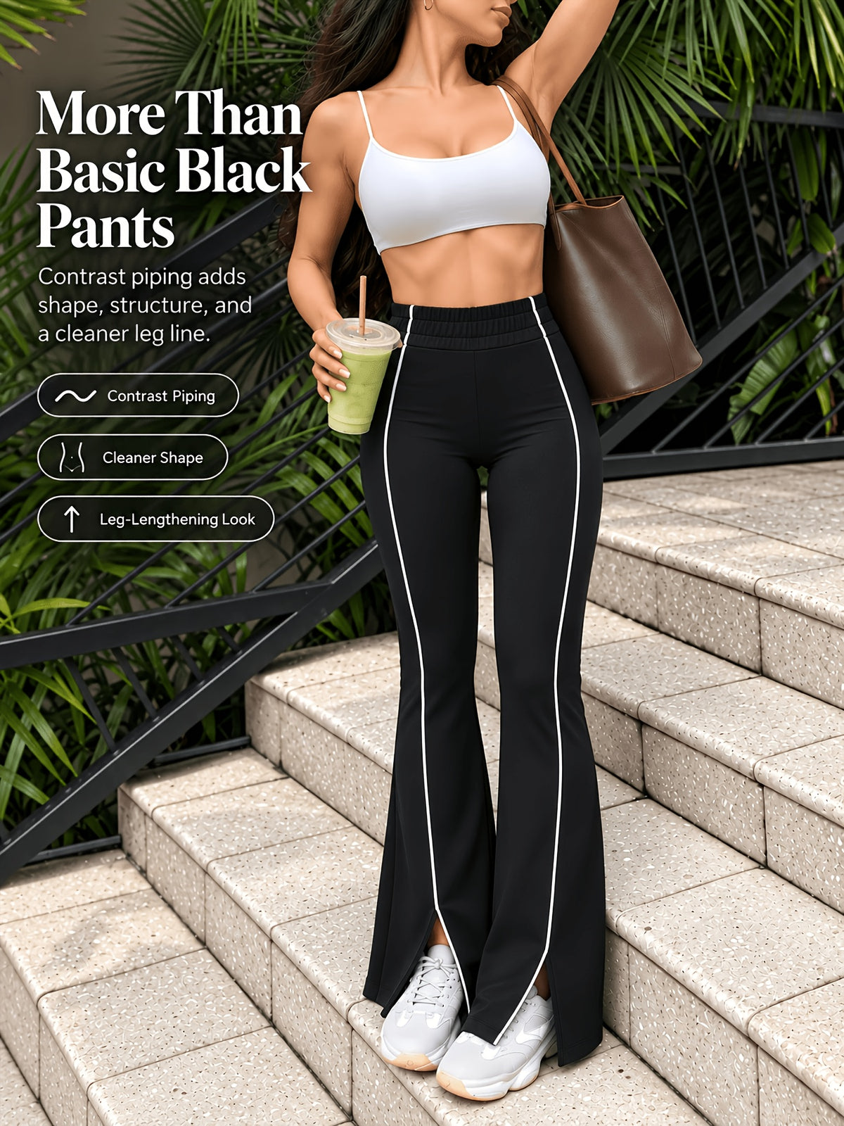 Front Split Hem Ruched Flare Pants - Black