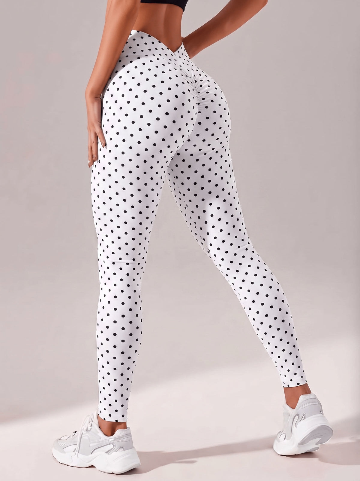 Polka Dot V Back Waist Leggings - Black Dots On White Background