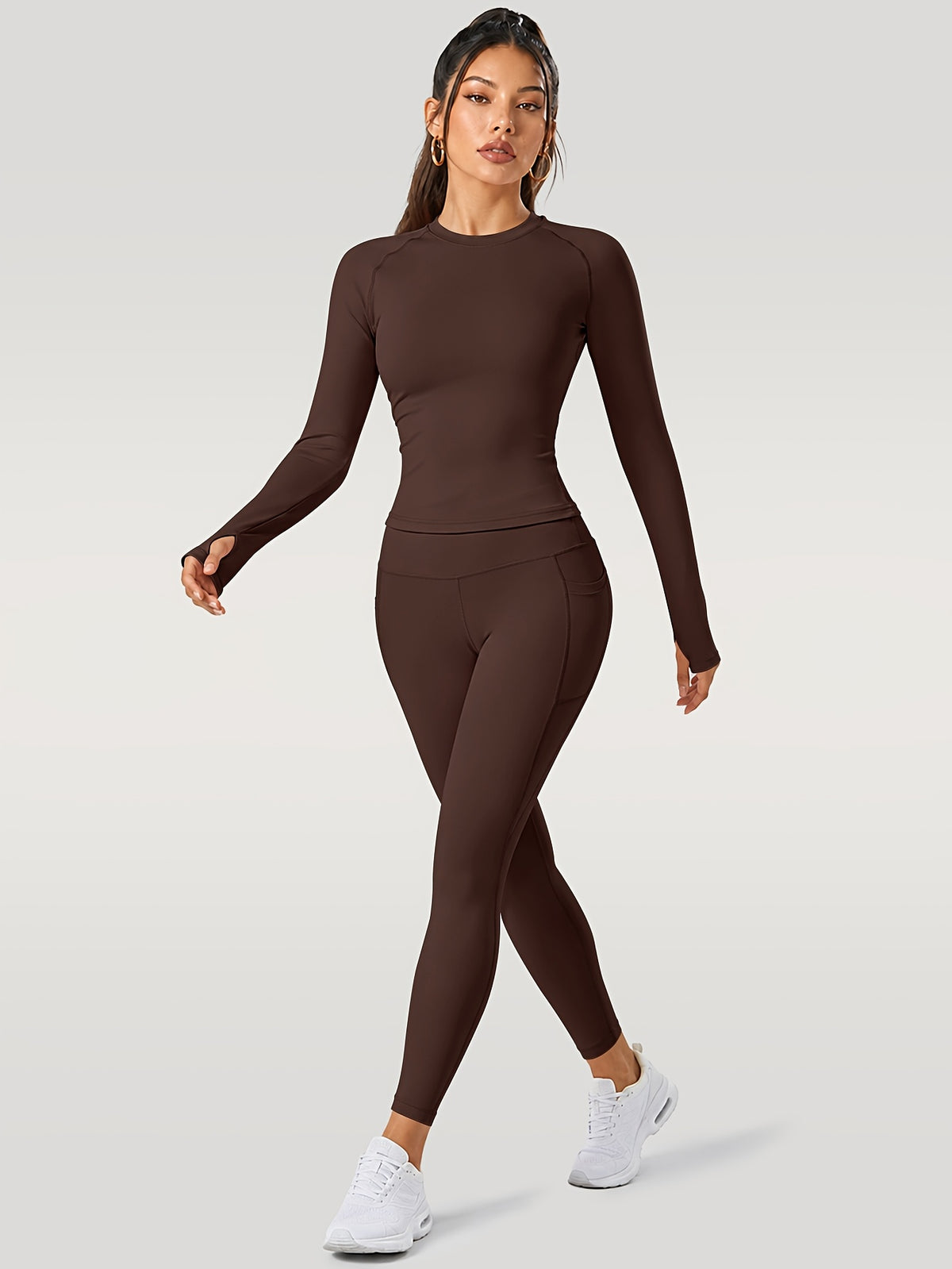 Long Sleeve Top & Leggings Set - Brown