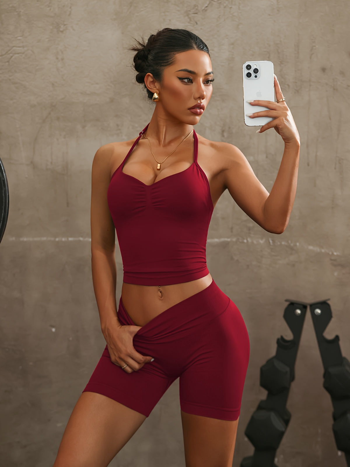 Halter Open Back Vest & Shorts Set - Angola Red