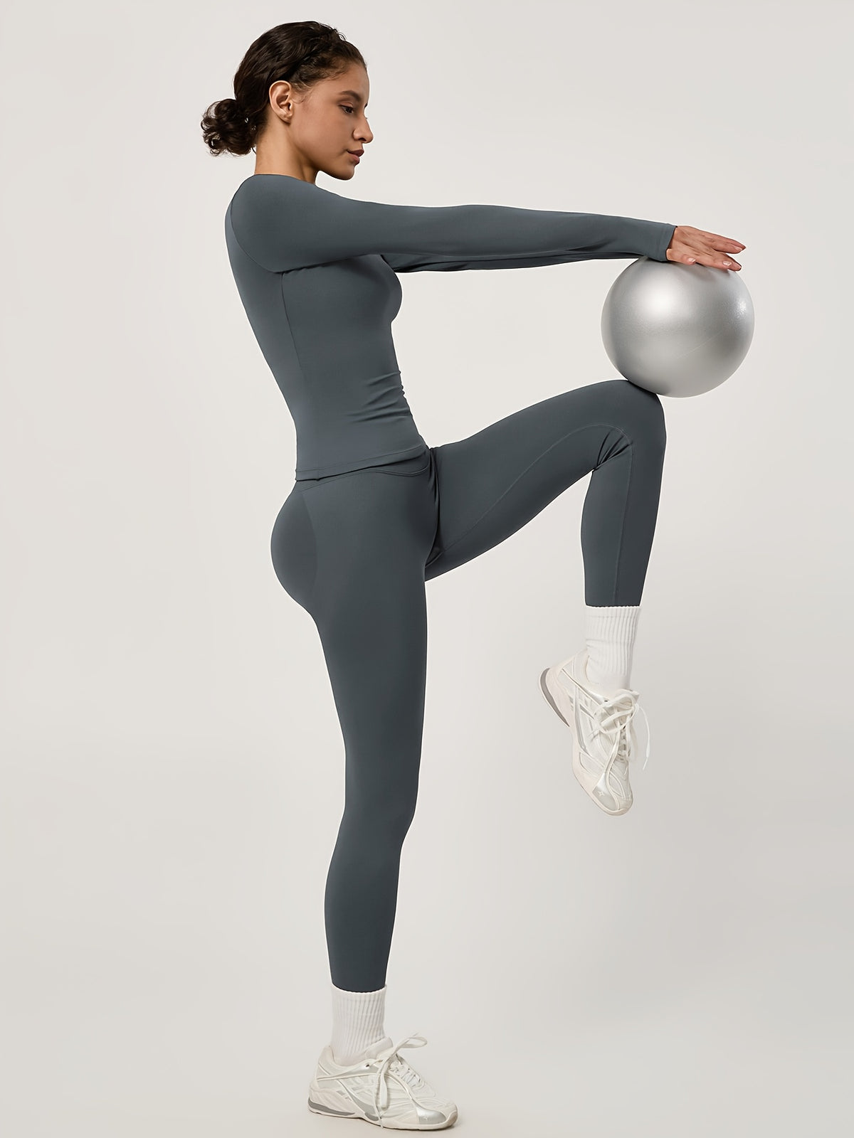Long Sleeve Top & Seamless Leggings Set - Dark Grey