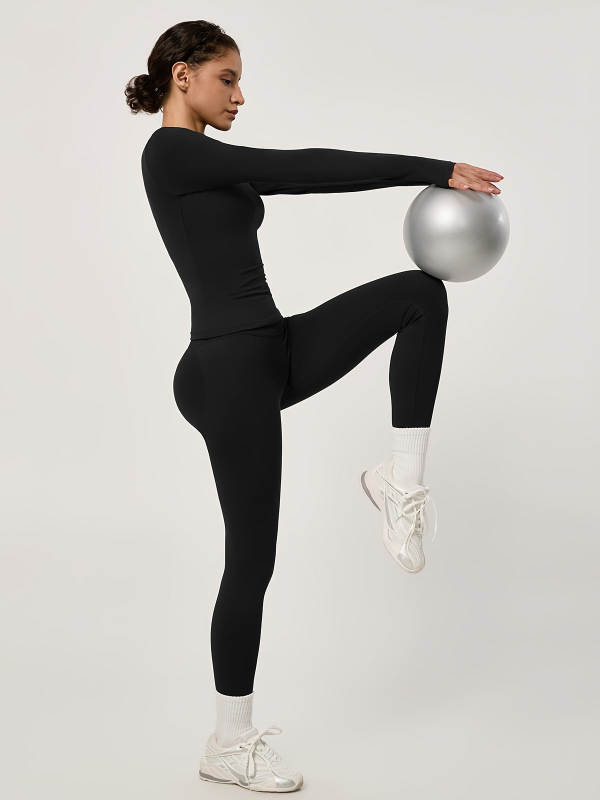 Long Sleeve Top & Seamless Leggings Set - Black