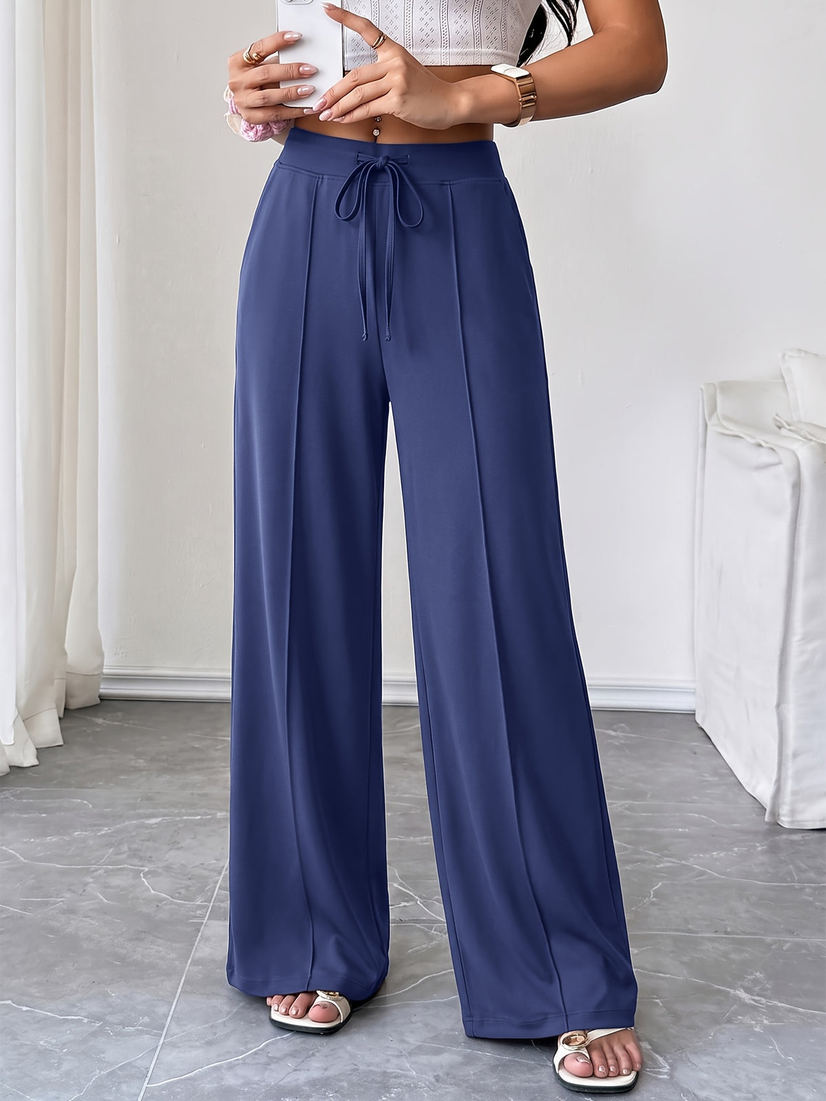 Drawstring Flowy Wide Leg Pants - Navy
