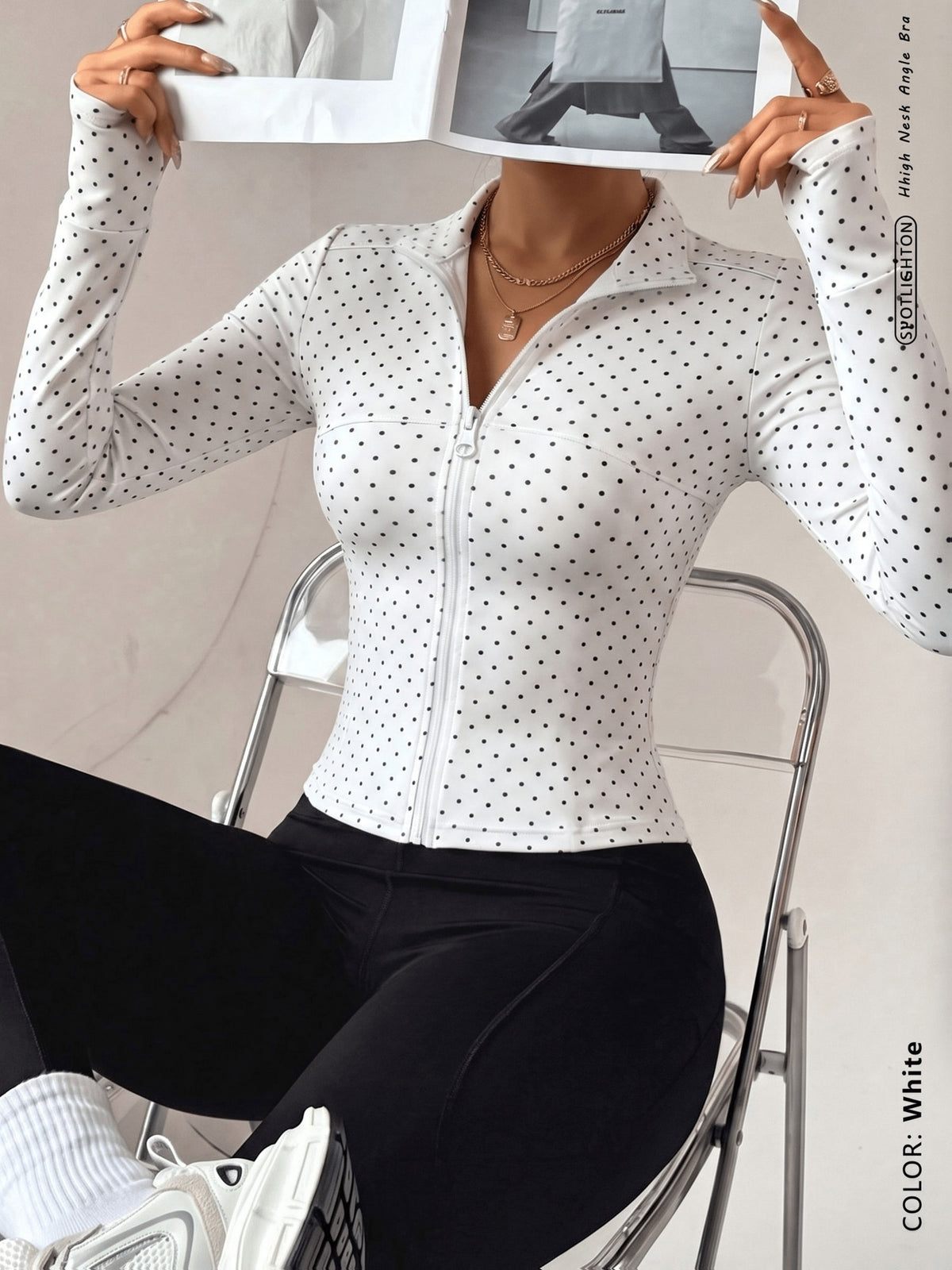 Polka Dot Collared Zip Jacket - White
