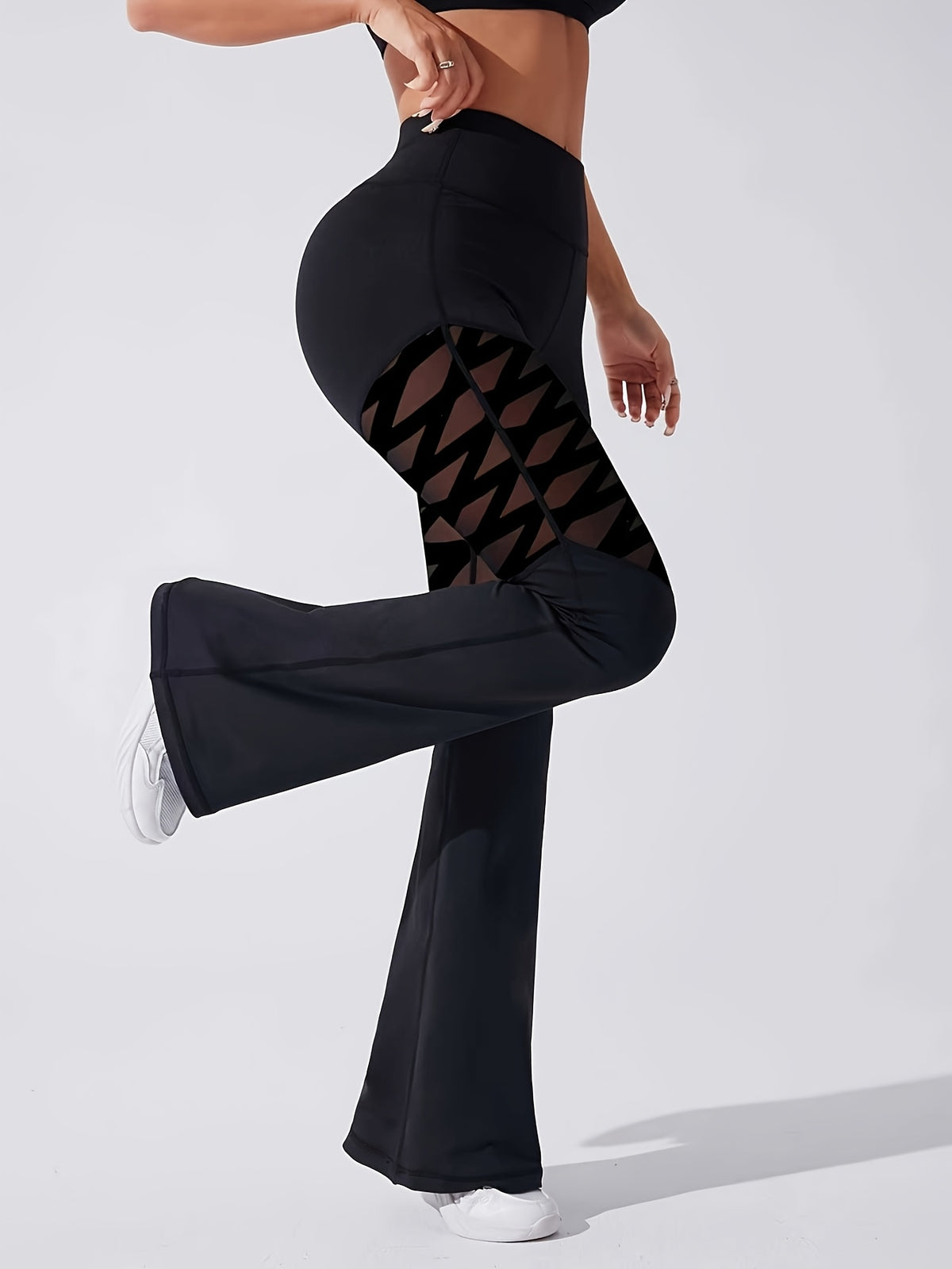 Flocked Mesh Panel Flare Leggings - Black