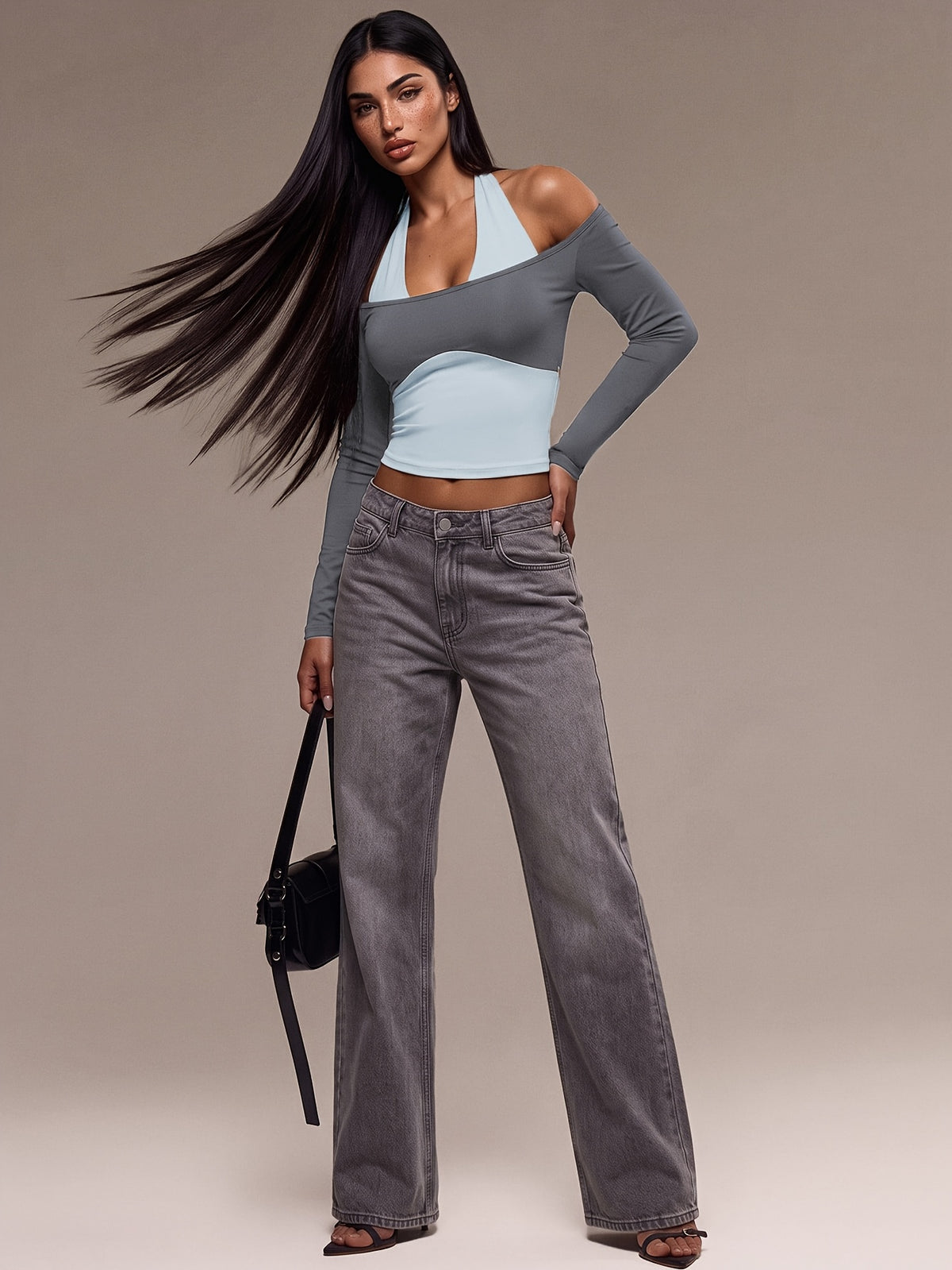 Off Shoulder Layered Crop Top - Grey