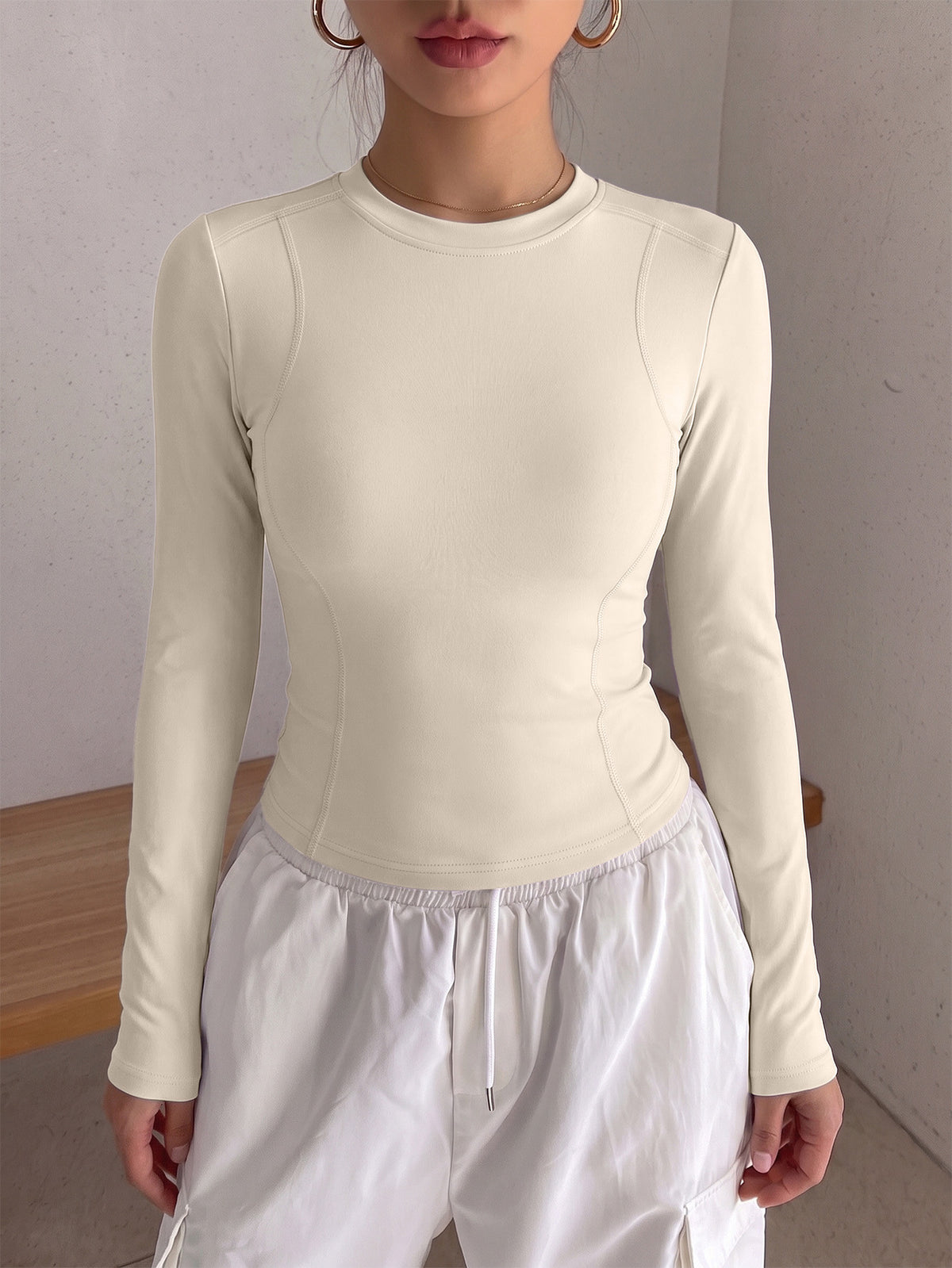 Round Neck Shaping Long Sleeve Top - Ivory White