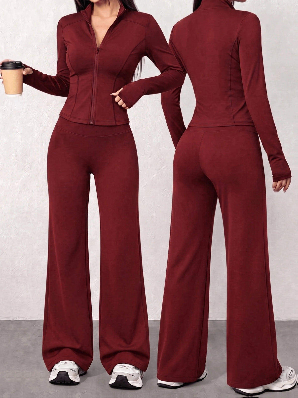 Waist Cinch Zip Jacket & Flare Pants Set - Burgundy