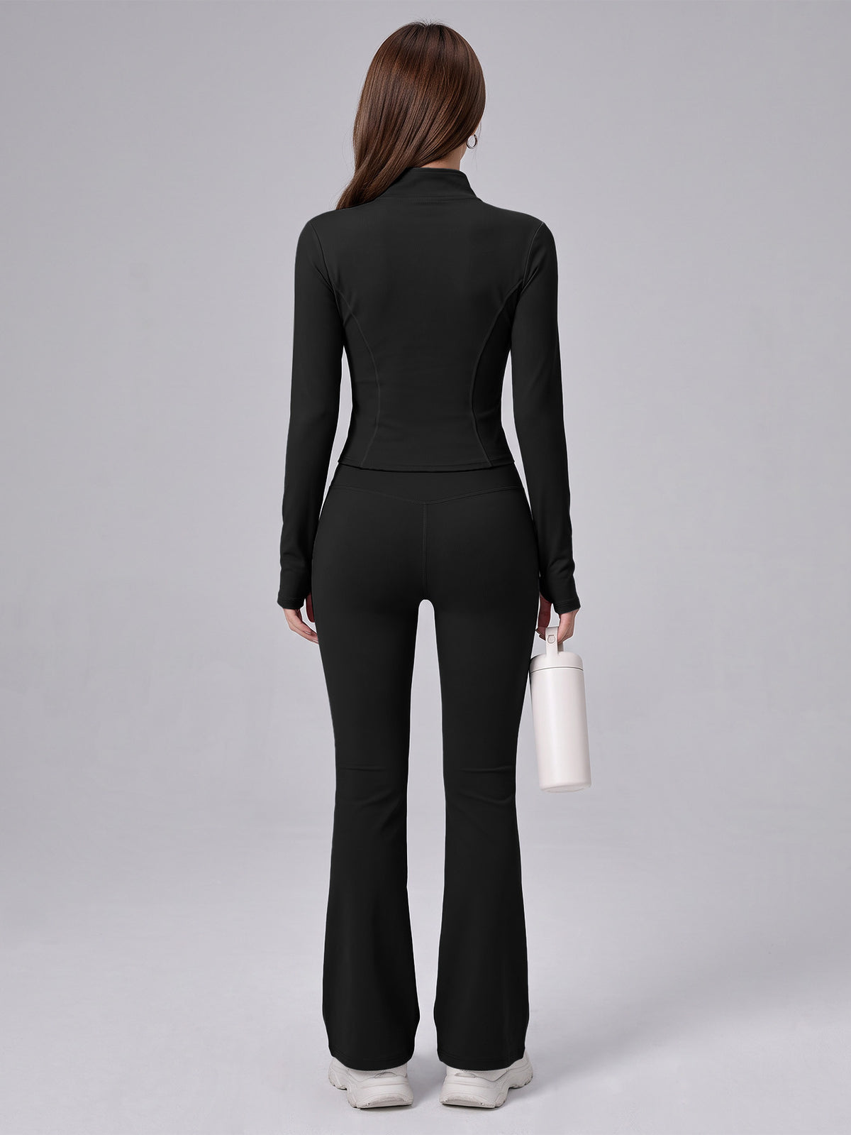 Nude Feel Zip Jacket & Flare Pants Set - Black