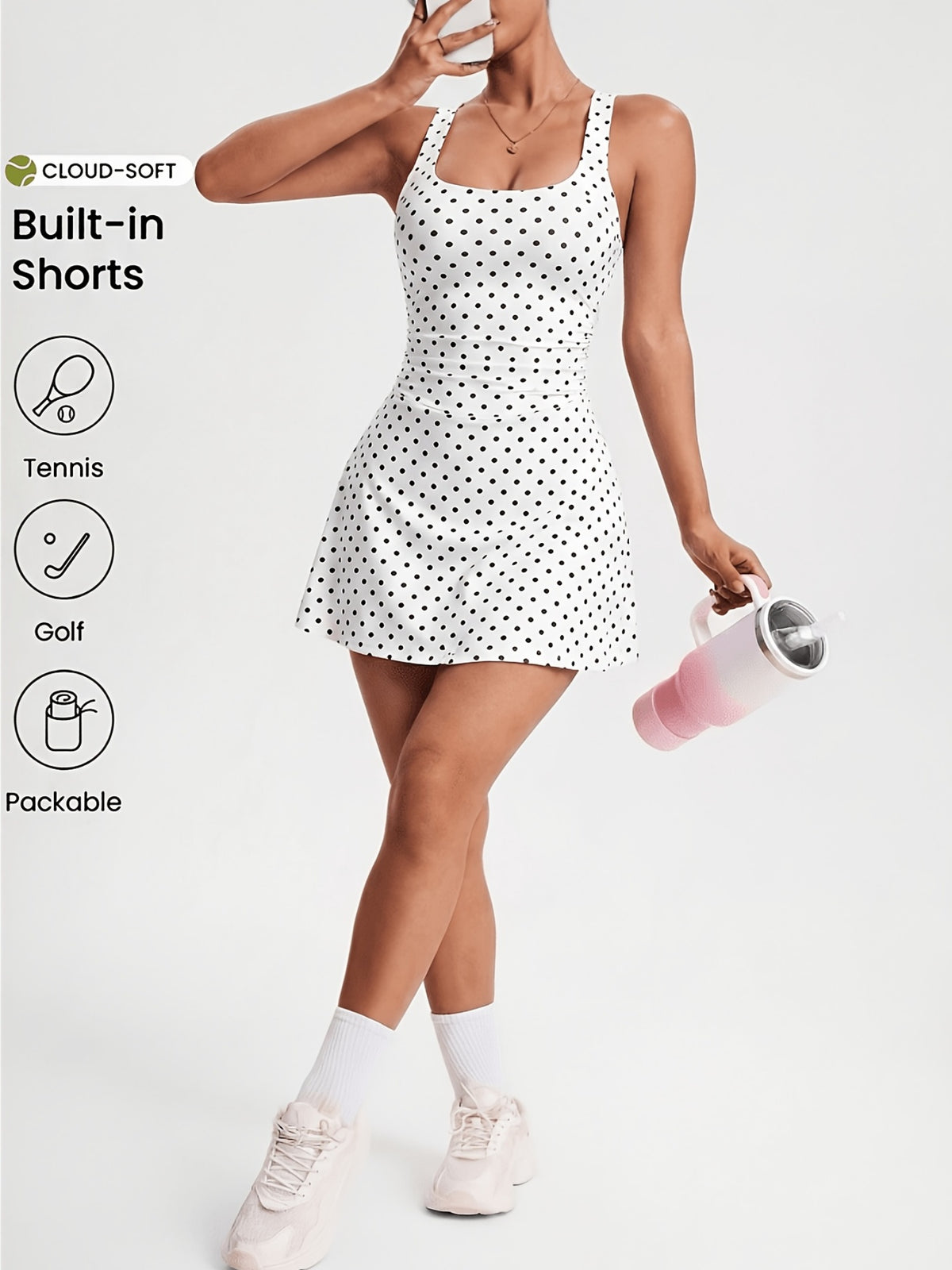 Polka Dot Open Back Tennis Dress - White